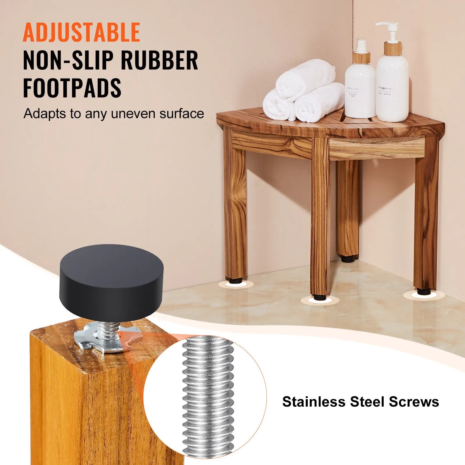 VEVOR Corner Teak Shower Bench, 12.4" Height 11.5" Radius, 100% Teak Wood Corner Shower Beach, 300 LBS with Storage Shelf, Shower Stool for Inside & Outside Shower, for Bathroom