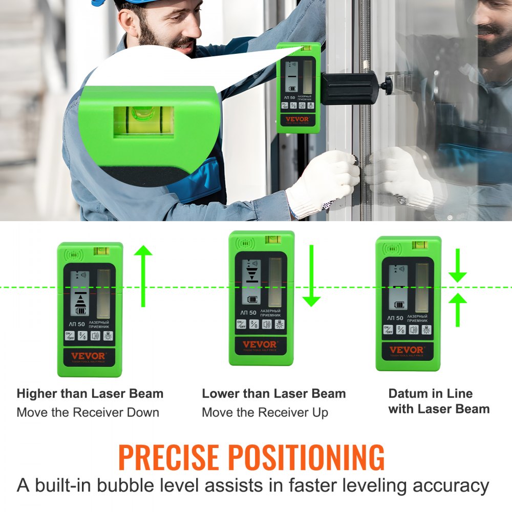 VEVOR Laser Receiver for Laser Level, 197 ft Working Range, Green Laser and Red Beam Detector for Pulsing Line Lasers, Adjustable Speaker & Dual LCD Display & Built-In Bubble Level, Clamp Included