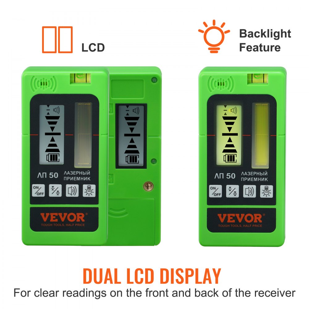 VEVOR Laser Receiver for Laser Level, 197 ft Working Range, Green Laser and Red Beam Detector for Pulsing Line Lasers, Adjustable Speaker & Dual LCD Display & Built-In Bubble Level, Clamp Included