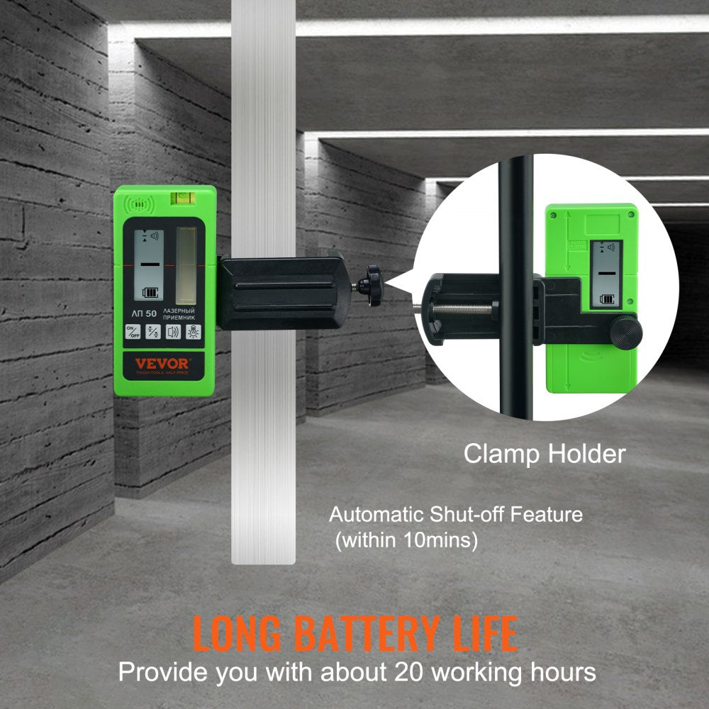 VEVOR Laser Receiver for Laser Level, 197 ft Working Range, Green Laser and Red Beam Detector for Pulsing Line Lasers, Adjustable Speaker & Dual LCD Display & Built-In Bubble Level, Clamp Included