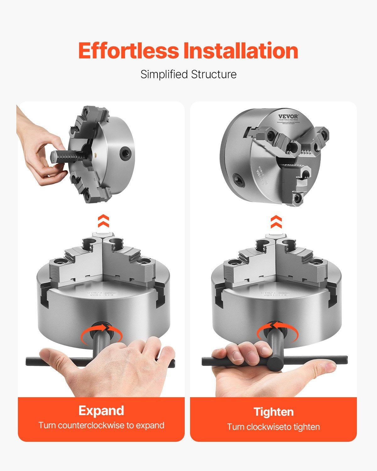 VEVOR 6 in 3-Jaw Self-Centering Lathe Chuck 1 1/2 in-8 Threaded Backing Plate