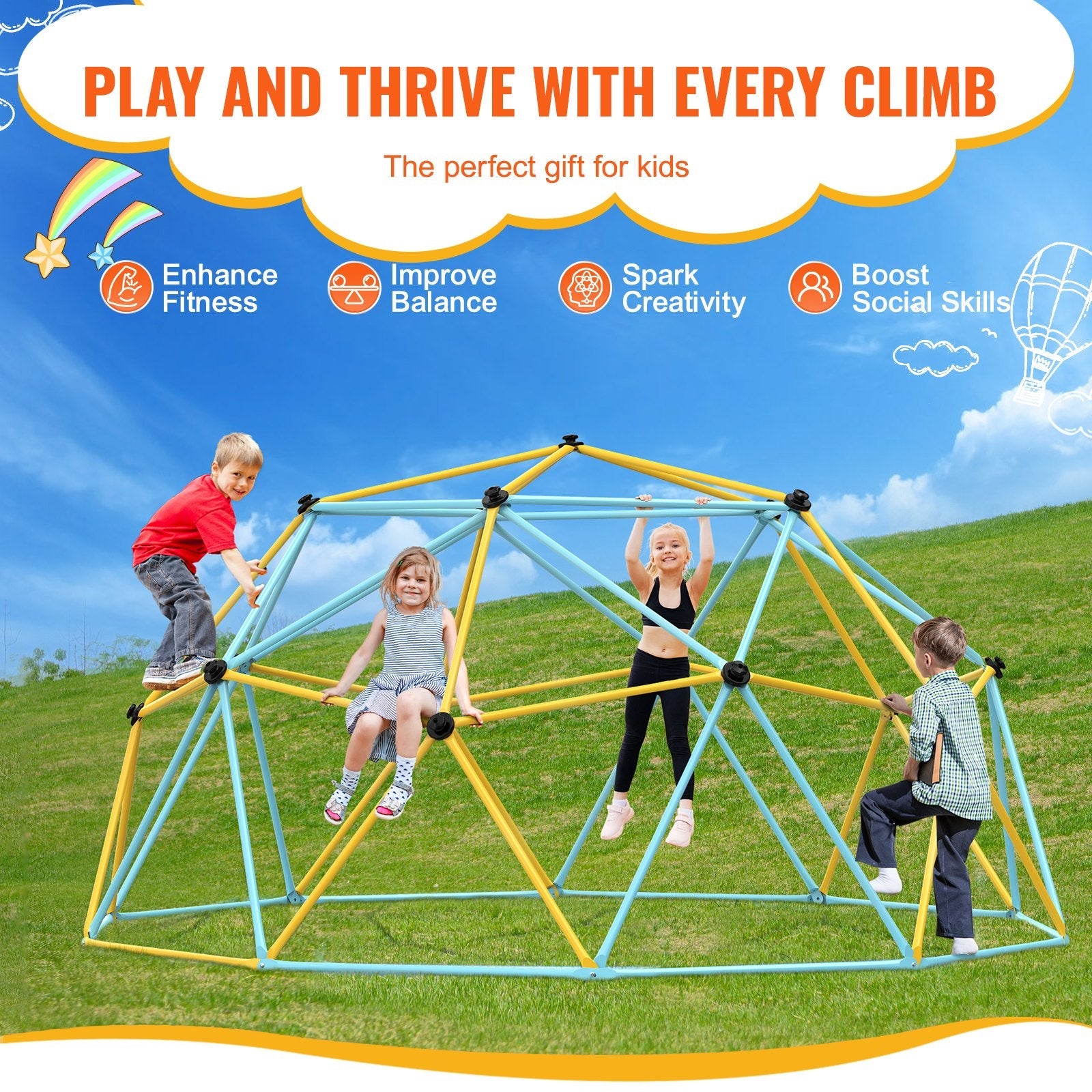 VEVOR Climbing Dome, 10FT Geometric Dome Climber Play Center for Kids 3 to 10 Years Old, Jungle Gym Supports 750LBS and Easy Assembly, with Climbing Grip, Outdoor Backyard Play Equipment for Kids