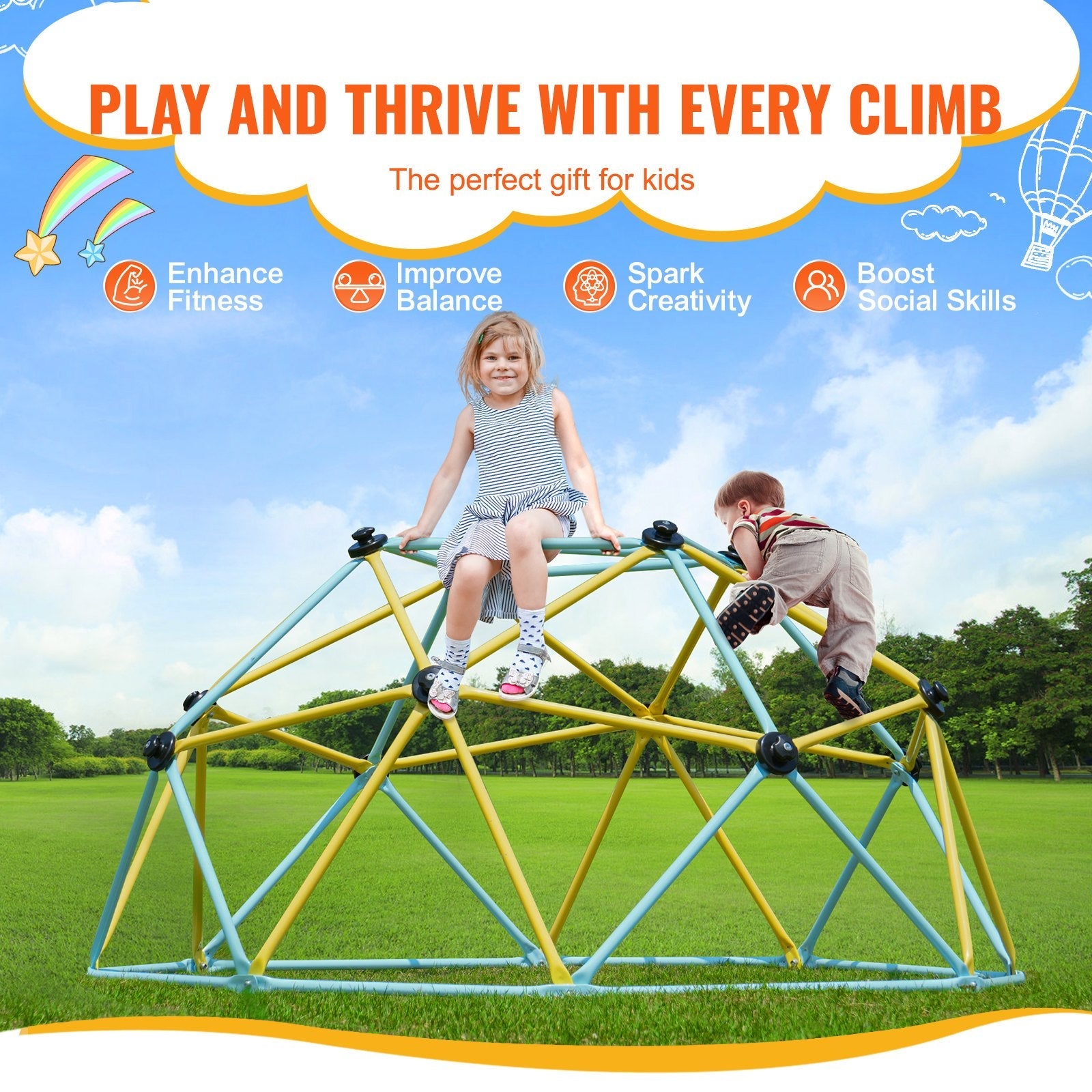 VEVOR Climbing Dome, 6FT Geometric Dome Climber Play Center for Kids 3 to 9 Years Old, Jungle Gym Supports 600LBS and Easy Assembly, with Climbing Grip, Outdoor and Indoor Play Equipment for Kids