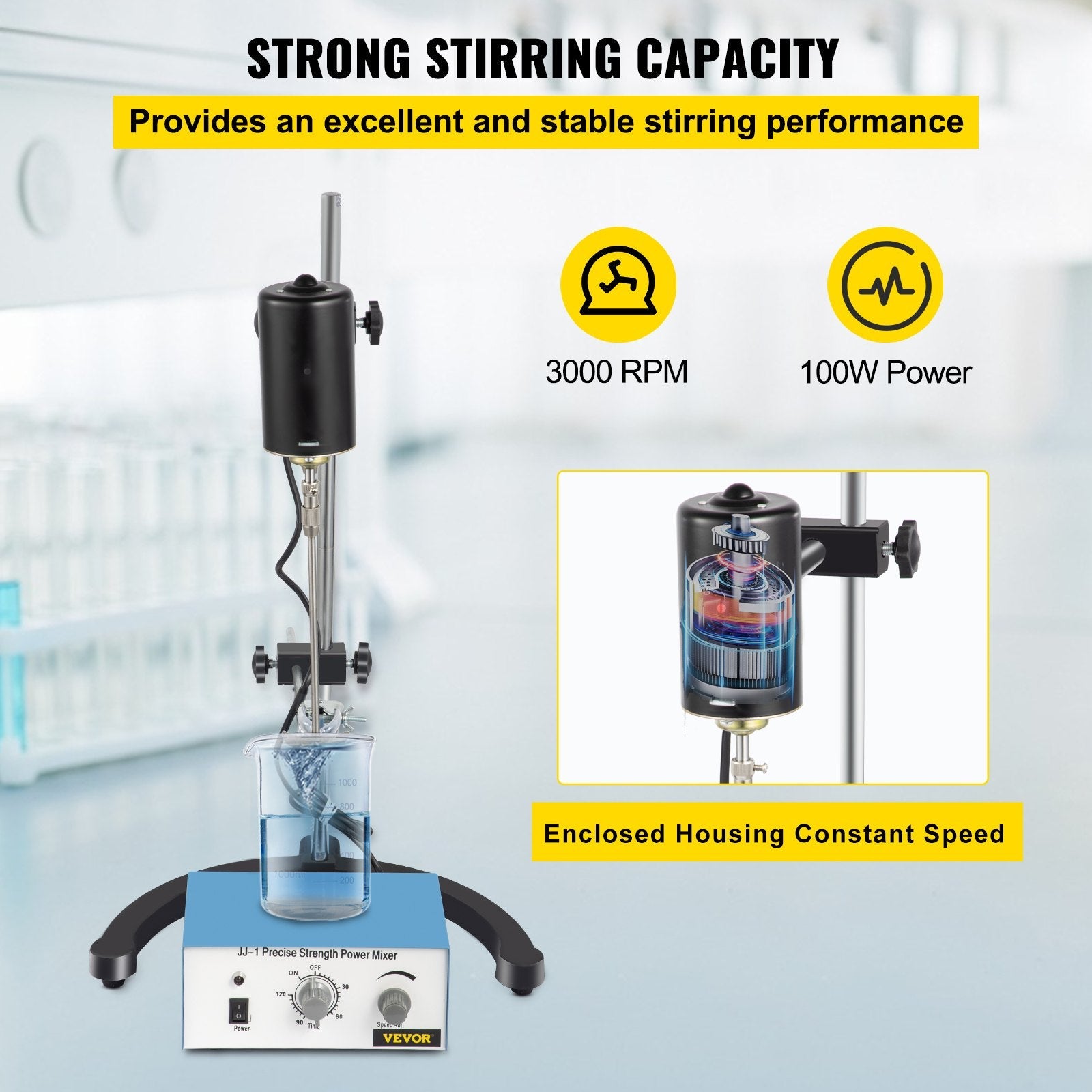 VEVOR Electric Overhead Stirrer Mixer 0-2000 RPM Overhead Stirrer Mixer 100W Overhead Stirrer 0-120 Minutes for Lab Mechanical Mixer