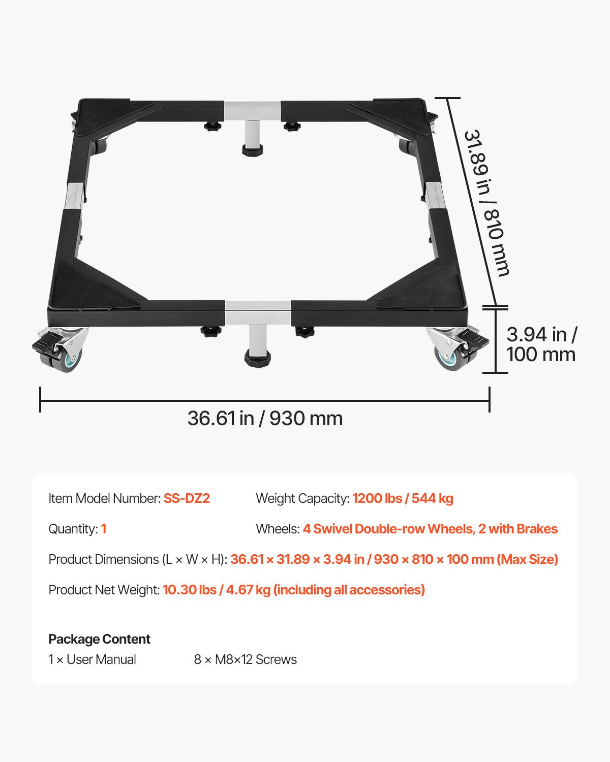 VEVOR Fridge Stand Mobile Base 1200 lbs 23 -36.6 Inch Adjustable Furniture Dolly