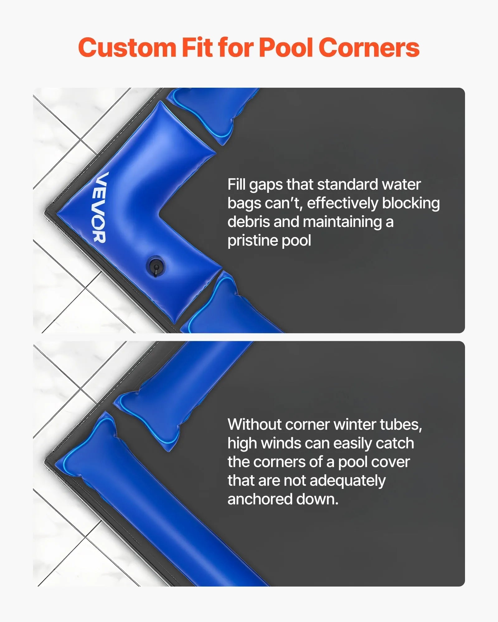 VEVOR Corner Pool Water Tubes, 4 Pack 22.4 x 22.2 in, Corner Winter Water Bags with Leakproof Screw Cap, 0.4mm Heavy Duty PVC, Cold-Resistant Weights for Inground Swimming Pool Covers