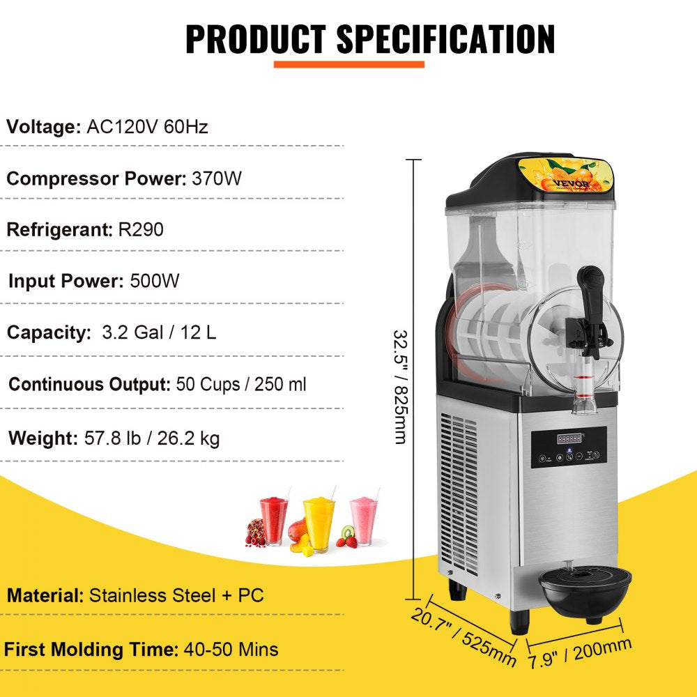 VEVOR Commercial Slushy Machine, 12L / 3.2 Gal Single Bowl, 24 Cups Output, 110V 550W Stainless Steel Margarita Smoothie Frozen Drink Maker, Slushie Machine for Party Cafes Restaurants Bars Home Use