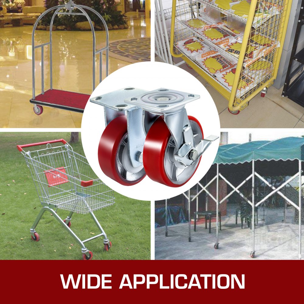 Vevor 4 Pack Swivel Caster Polyurethane 6" X 2" On Steel Wheel 2 Brake 2 Rigid