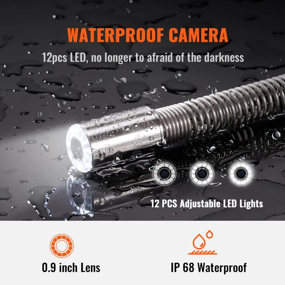 VEVOR Sewer Camera, 393 ft/120 m, 9" Screen Pipeline Inspection Camera with DVR Function, Waterproof IP68 Camera w/12 Adjustable LEDs, w/a 16 GB SD Card, for Sewer Line, Home, Duct Drain Pipe Plumbing