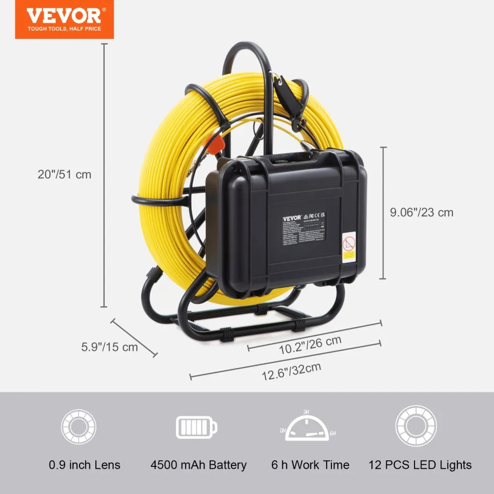 VEVOR Sewer Camera, 393 ft/120 m, 9" Screen Pipeline Inspection Camera with DVR Function, Waterproof IP68 Camera w/12 Adjustable LEDs, w/a 16 GB SD Card, for Sewer Line, Home, Duct Drain Pipe Plumbing