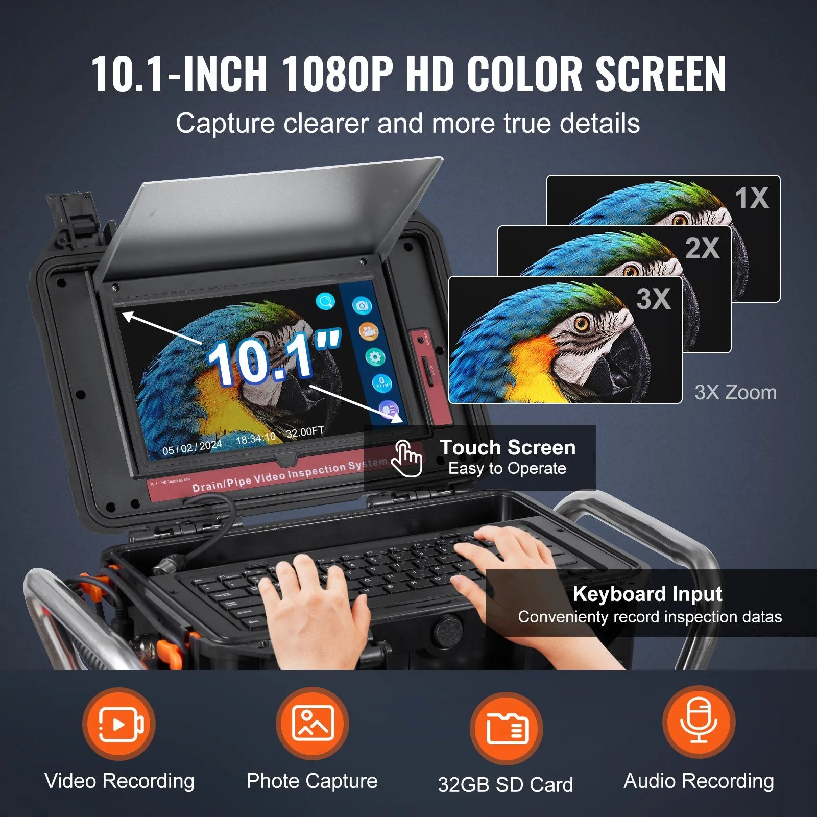 VEVOR Sewer Camera 328 ft/100m Self-Leveling Drain Camera with 10.1" Touchscreen