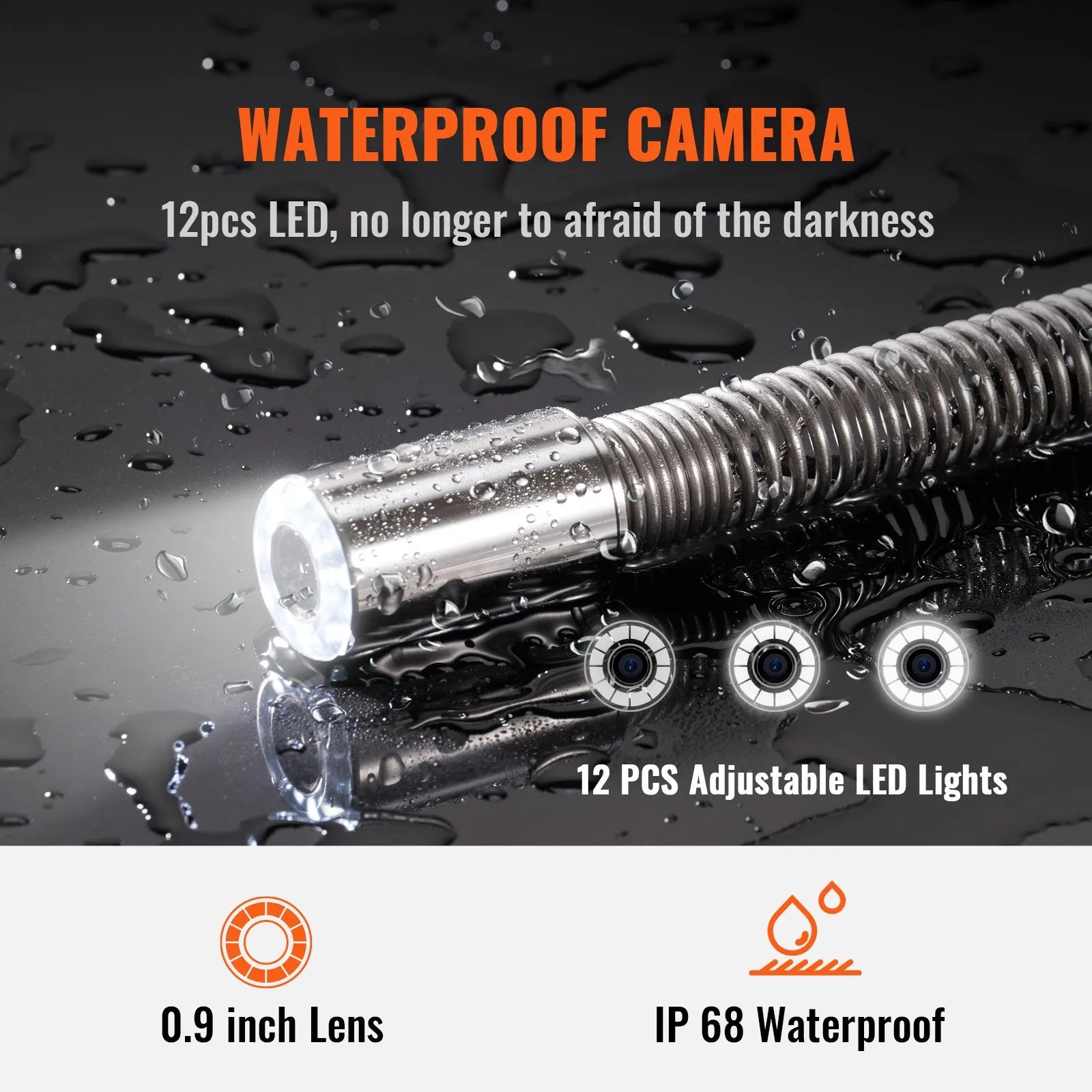 VEVOR Sewer Camera, 164 ft/50 m, 9" Screen Pipeline Inspection Camera with DVR Function, Waterproof IP68 Camera w/12 Adjustable LEDs, w/a 16G SD Card, for Sewer Line, Home, Duct Drain Pipe Plumbing