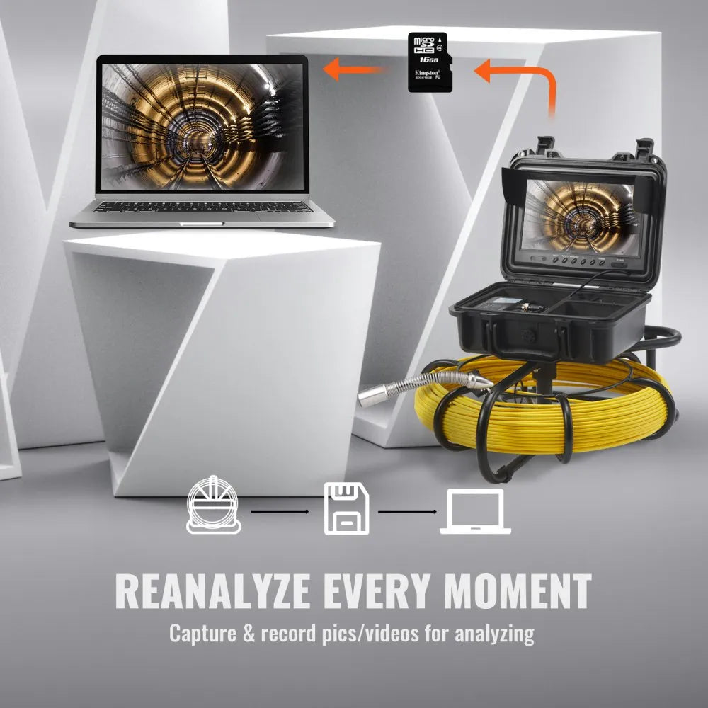 VEVOR Sewer Camera, 230 ft/70 m, 9" Screen Pipeline Inspection Camera with DVR Function, Waterproof IP68 Camera w/12 Adjustable LEDs, w/a 16G SD Card, for Sewer Line, Home, Duct Drain Pipe Plumbing