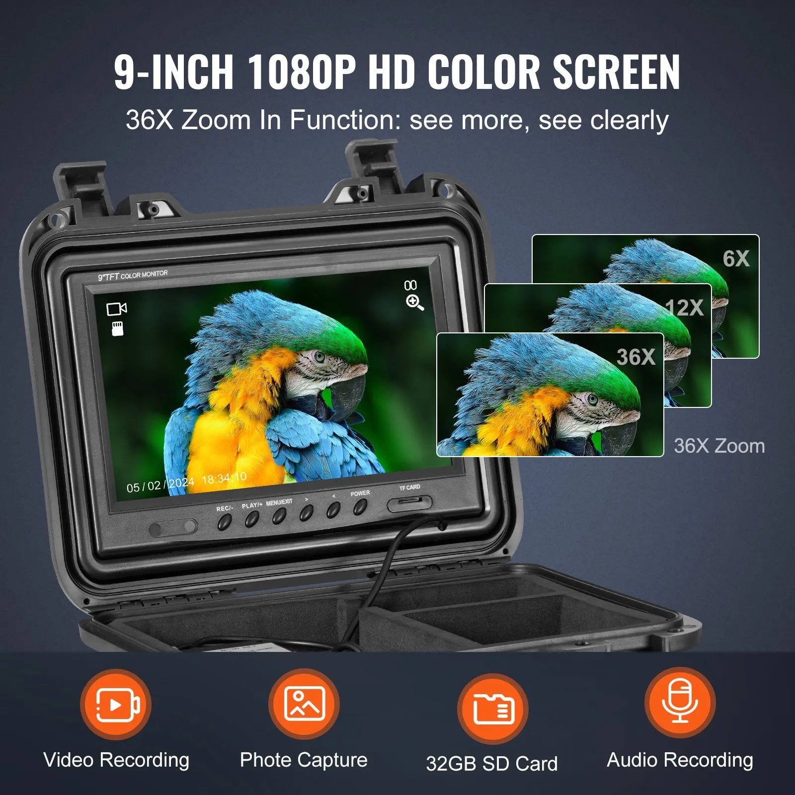 VEVOR Sewer Camera 98 ft/30m Self-Leveling Drain Camera with 9" Screen 36X Zoom