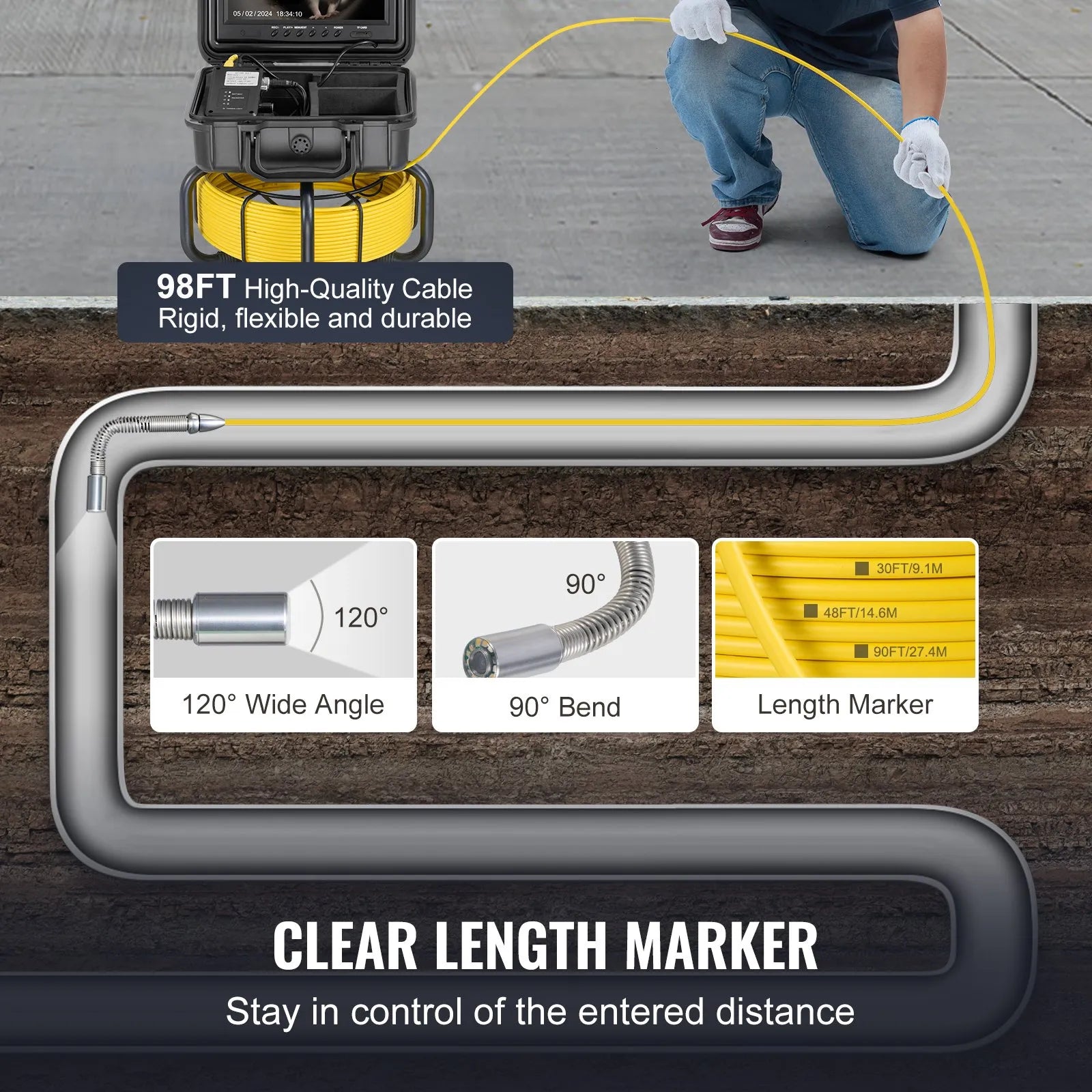 VEVOR Sewer Camera 98 ft/30m Self-Leveling Drain Camera with 9" Screen 36X Zoom