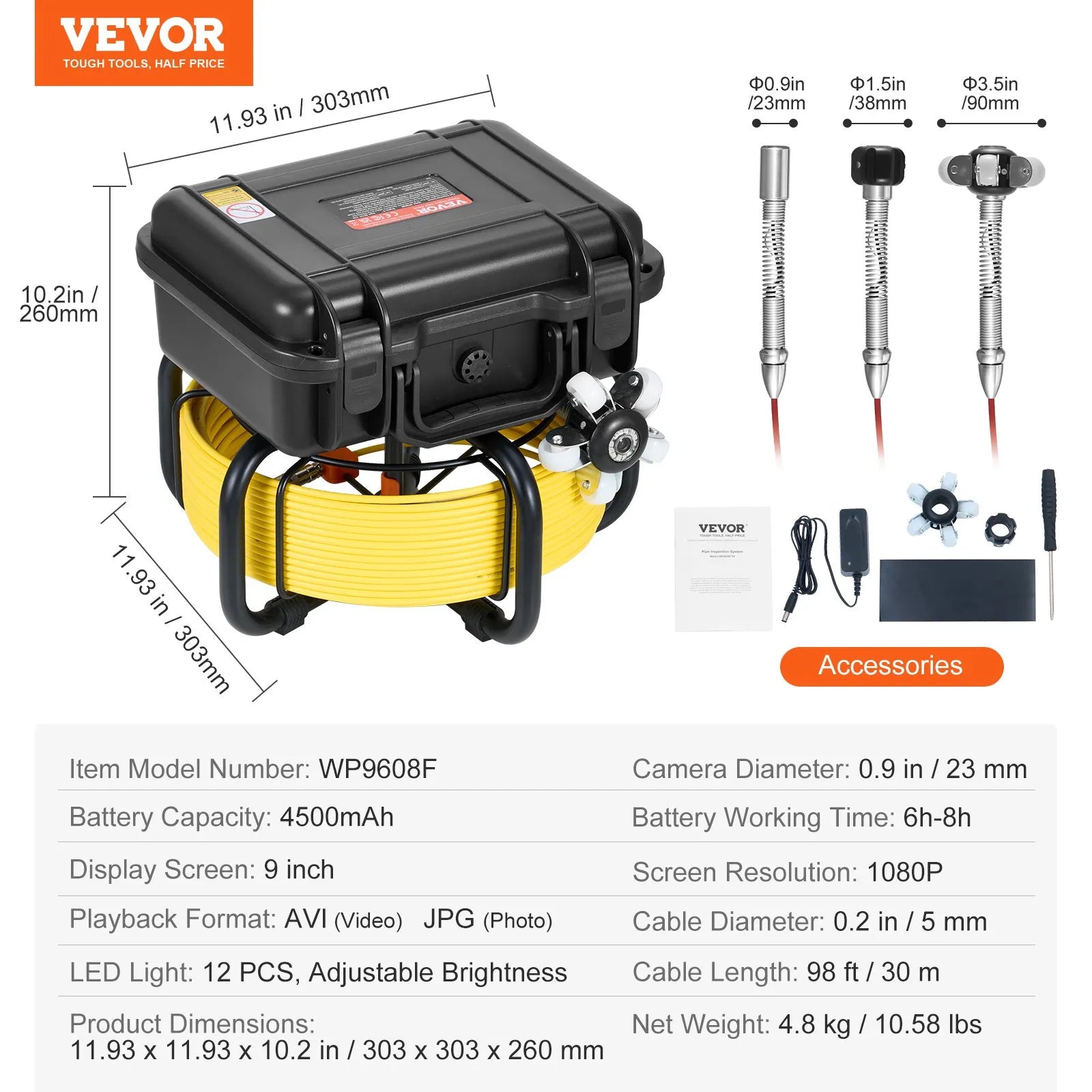 VEVOR Sewer Camera 98 ft/30m Self-Leveling Drain Camera with 9" Screen 36X Zoom