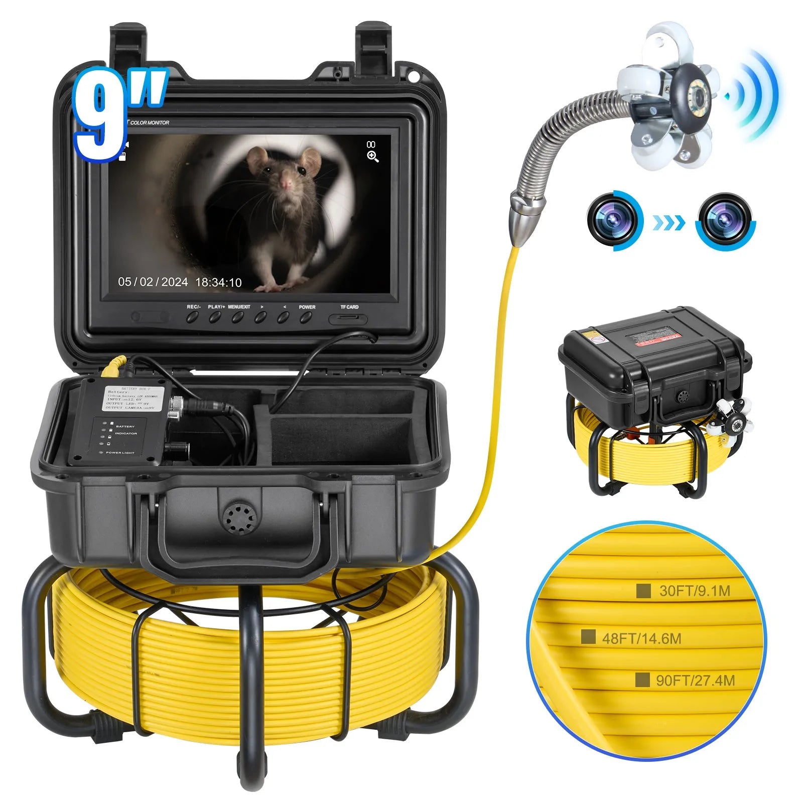 VEVOR Sewer Camera 98 ft/30m Self-Leveling Drain Camera with 9" Screen 36X Zoom