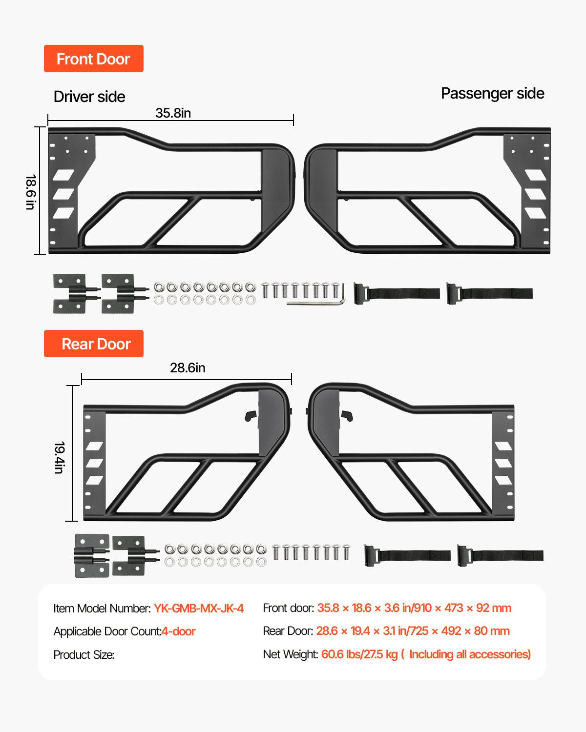 VEVOR 4-Door Jeep Tube Doors Jeep Tubular Door for 2007-2018 Jeep Wrangler JK