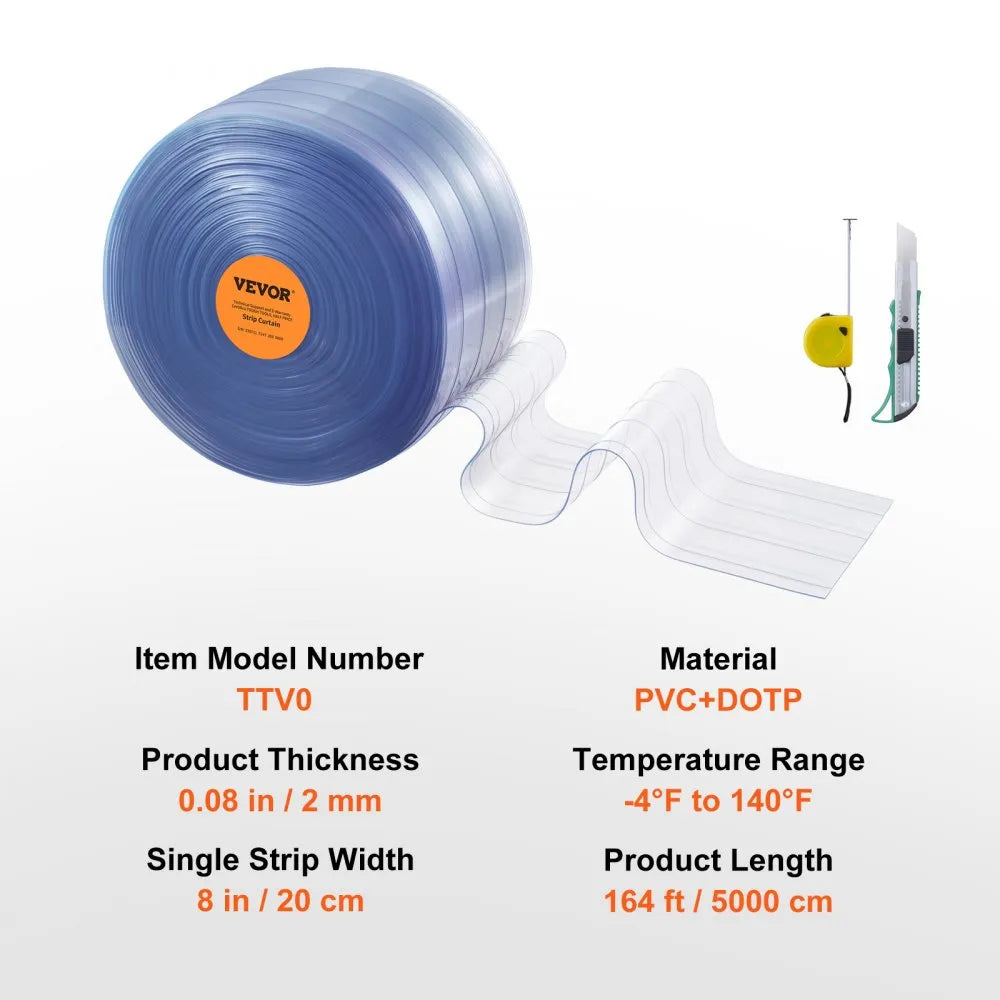 VEVOR Strip Curtain, 164' Length x 8" Width x 0.08" Thickness, Clear Ribbed PVC Curtain Strip Door Bulk Roll, Plastic Door Strips for Doorways of Supermarket, Garage, Warehouse, Barn, Pet Animal House