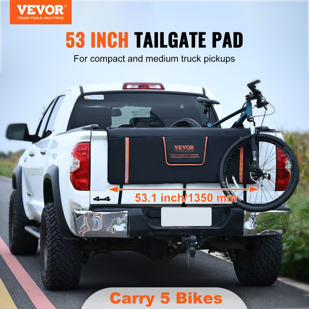 VEVOR Tailgate Bike Pad, 53" Truck Tailgate Pad Carry 5 Mountain Bikes, Tailgate Protection Pad with Reflective Strips and Tool Pockets, Tailgate Pad with Camera Opening for Mid-Size Pickup Trucks