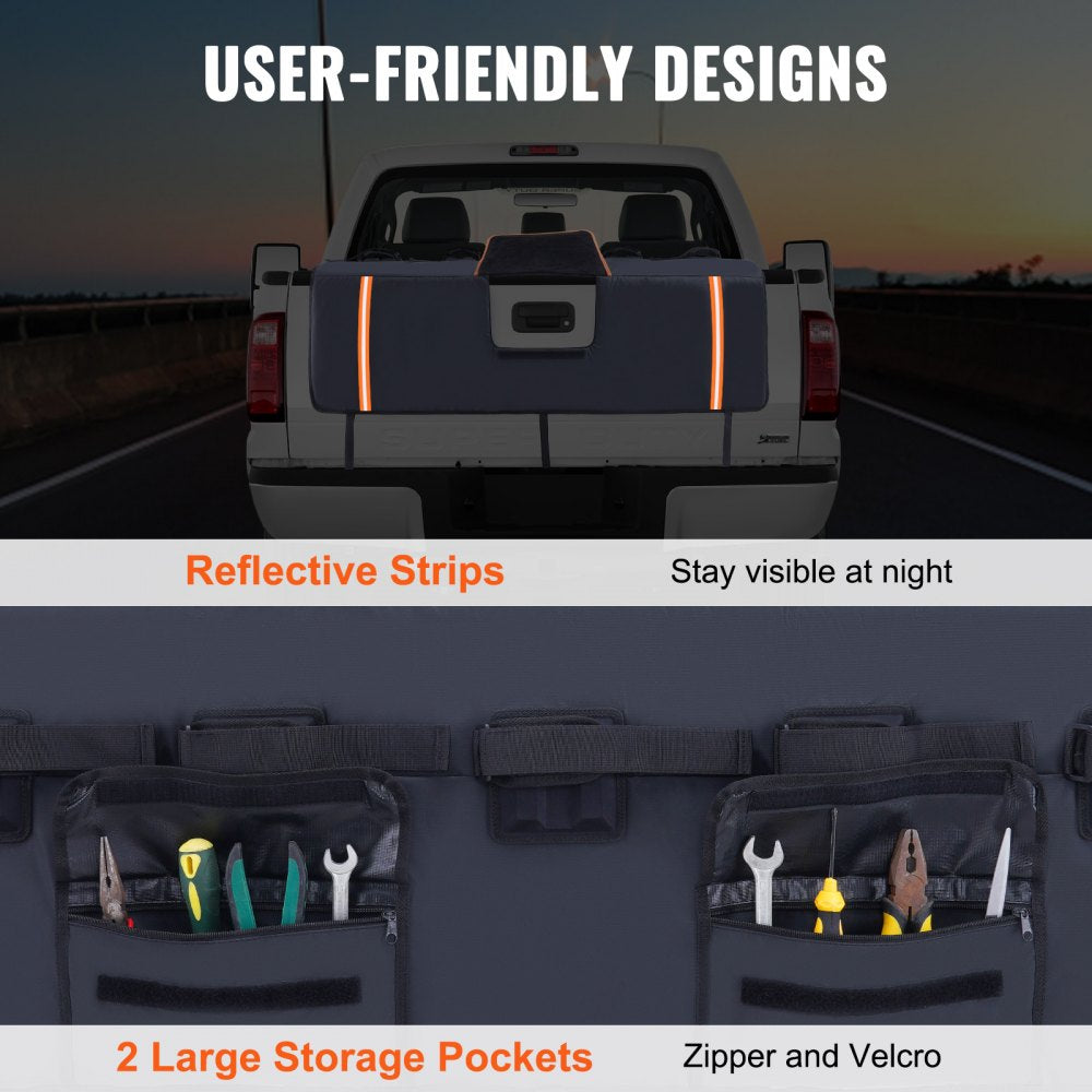 VEVOR Tailgate Bike Pad, 53" Truck Tailgate Pad Carry 5 Mountain Bikes, Tailgate Protection Pad with Reflective Strips and Tool Pockets, Tailgate Pad with Camera Opening for Mid-Size Pickup Trucks