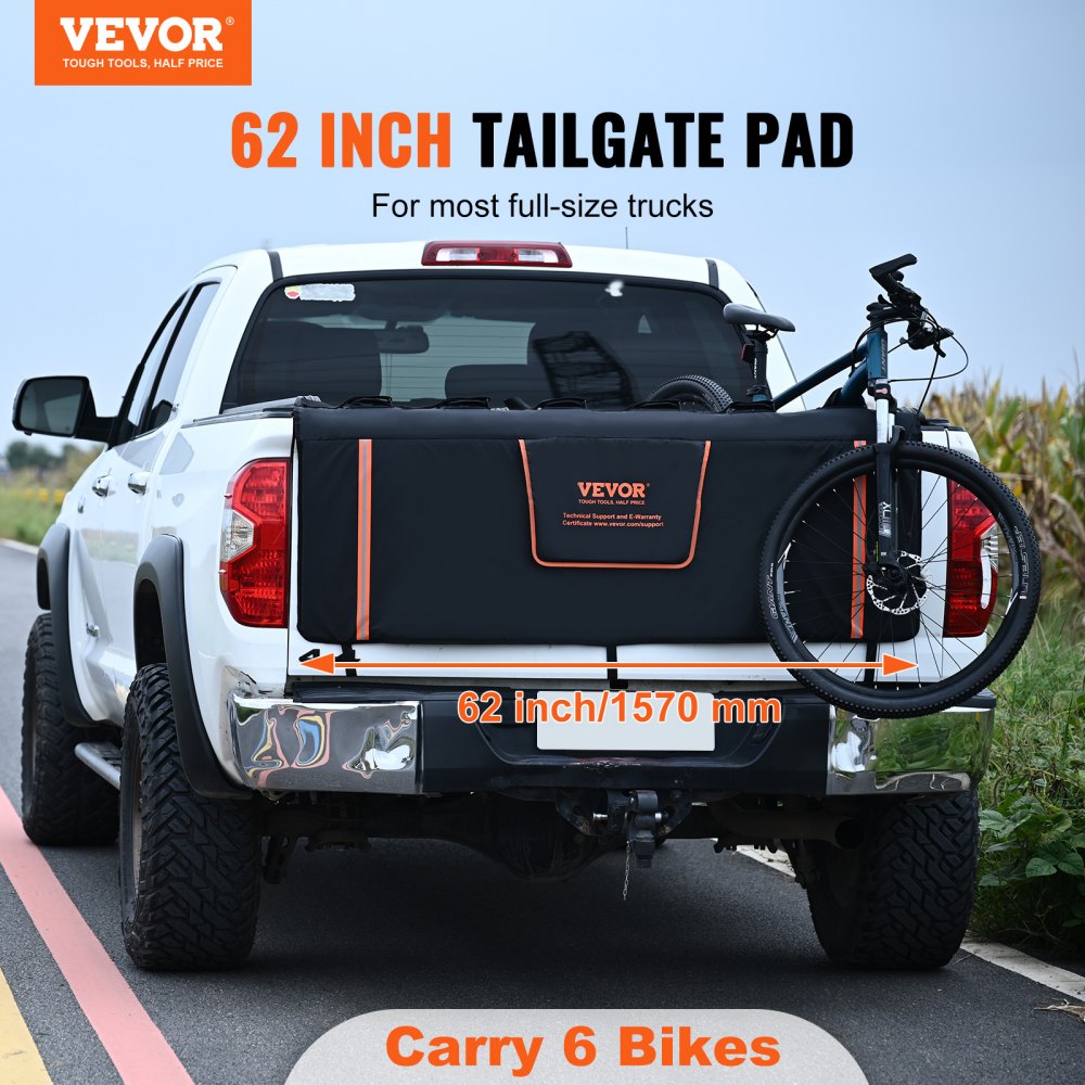 VEVOR Tailgate Bike Pad, 62" Truck Tailgate Pad Carry 6 Mountain Bikes, Tailgate Protection Pad with Reflective Strips and Tool Pockets, Flap for Handle and Rear Camera, for Mid-Size Pickup Trucks