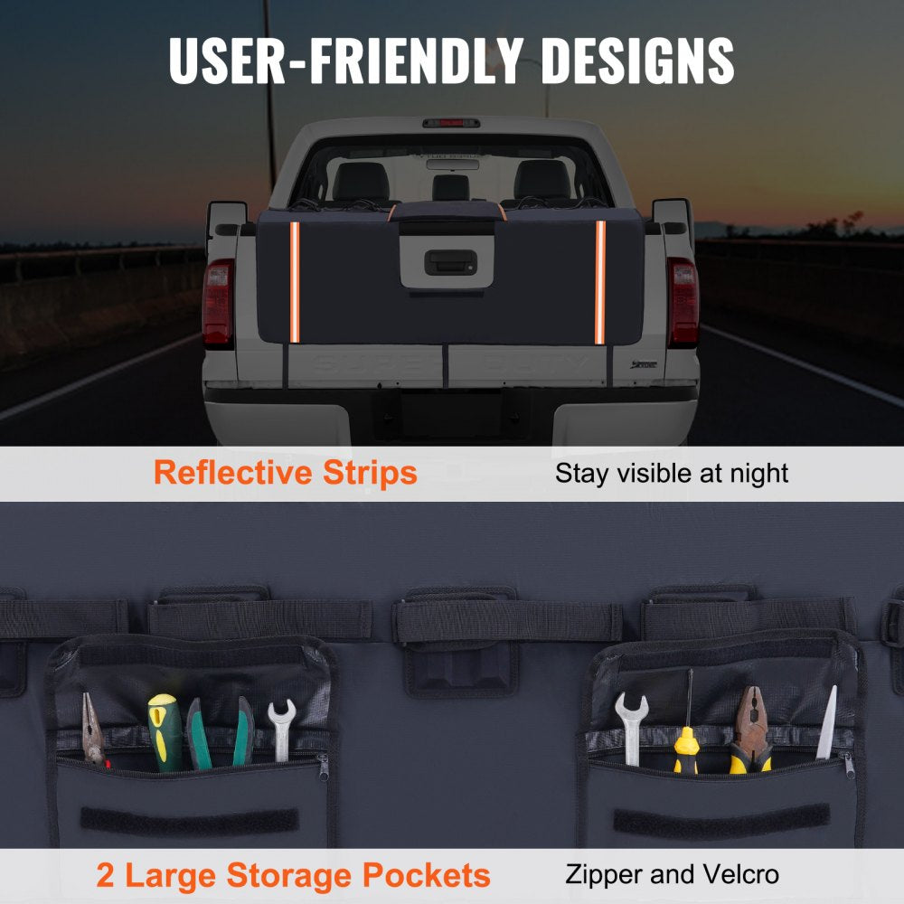 VEVOR Tailgate Bike Pad, 62" Truck Tailgate Pad Carry 6 Mountain Bikes, Tailgate Protection Pad with Reflective Strips and Tool Pockets, Flap for Handle and Rear Camera, for Mid-Size Pickup Trucks