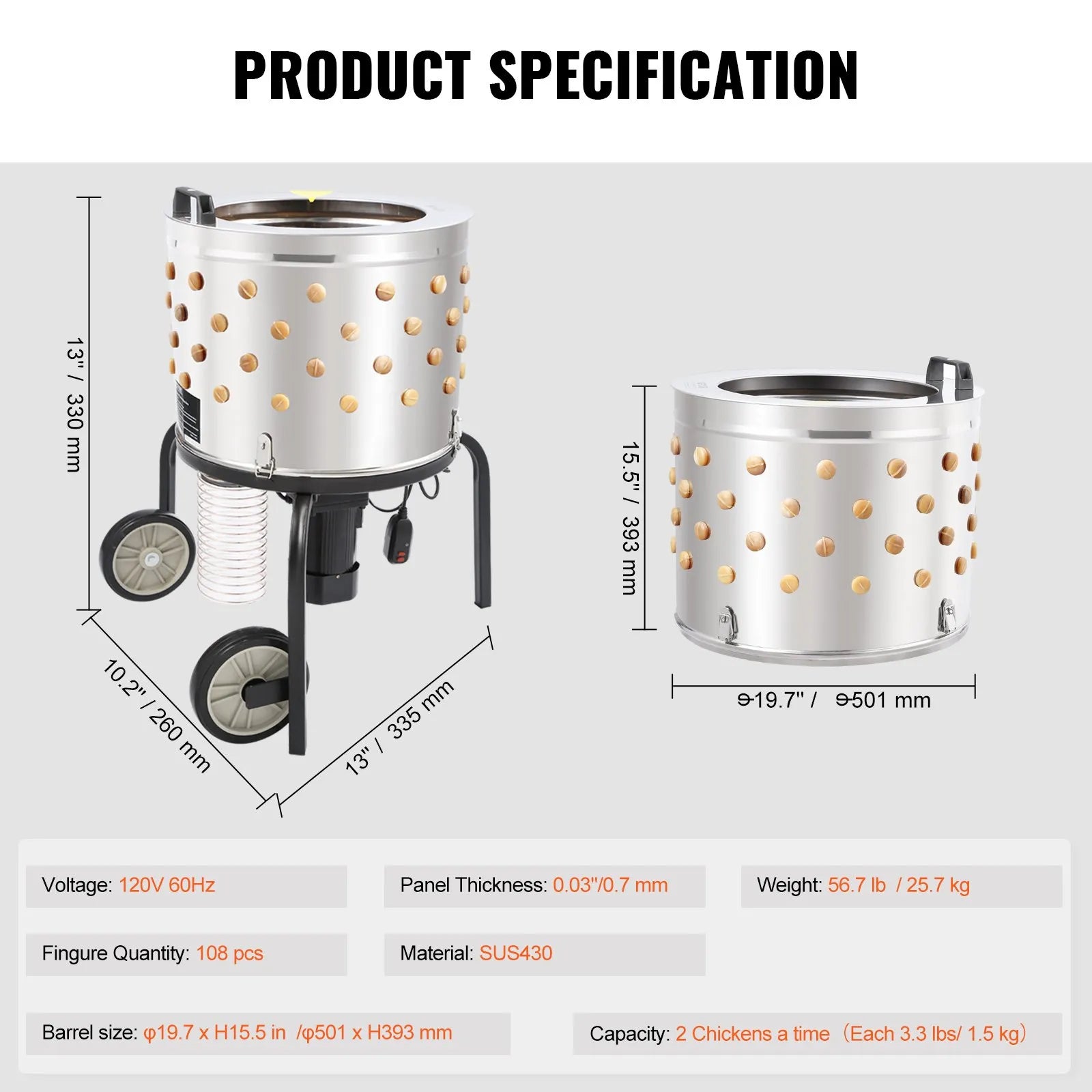 VEVOR Chicken Plucker Machine, 20" Diameter Stainless Steel Drum, Defeathering Equipment with 108 Soft Fingers and 2 Large Wheels, Simple Debris Collection, 500W Motor for Efficient Poultry Plucking