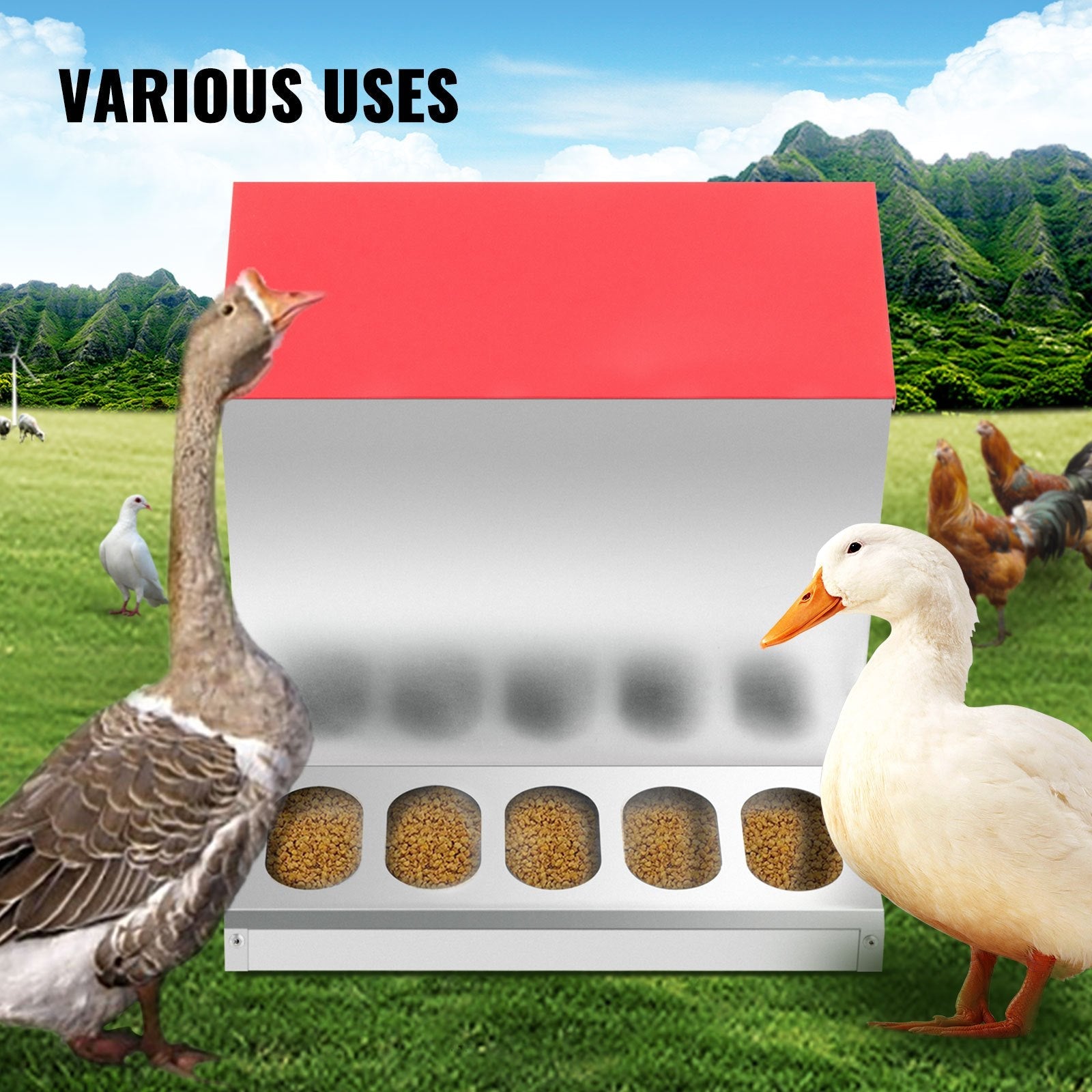 VEVOR Galvanized Poultry Feeder 25lbs Capacity Chicken Feeder No Waste 22lbs Chicken Feeder with Lid 11.75x11.75x15.75in Chicken Feeder and Water for 10 Chickens Automatic Poultry Feeder Outdoor