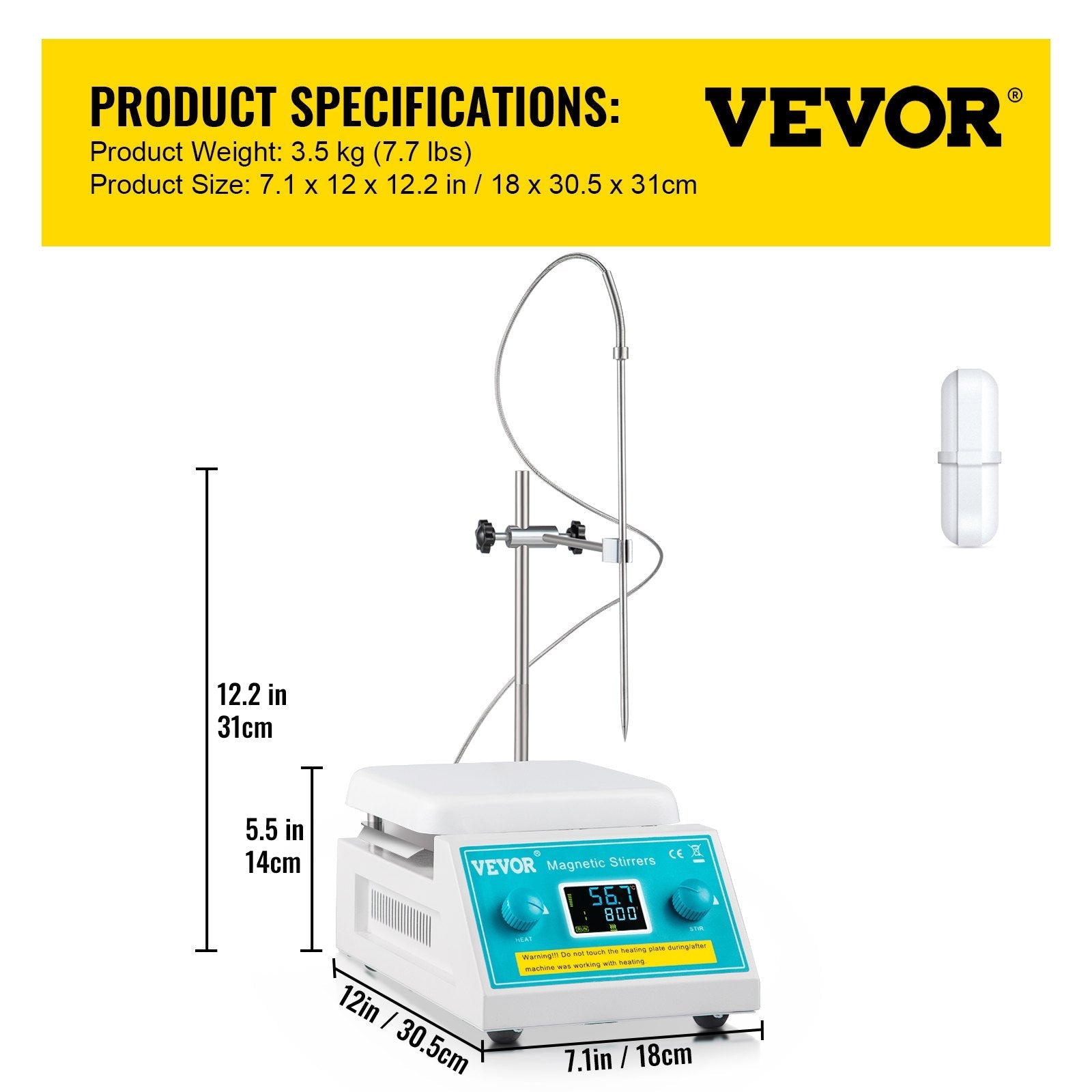 VEVOR Magnetic Stirrer Hot Plate, 200-2000 RPM Digital Hotplate Magnetic Stirrer, 2L Lab Heating Plate Stirrer w/ Support Stand, Max 572°F / 300°C Heating Temperature 500W Heating Power for Lab Mixing
