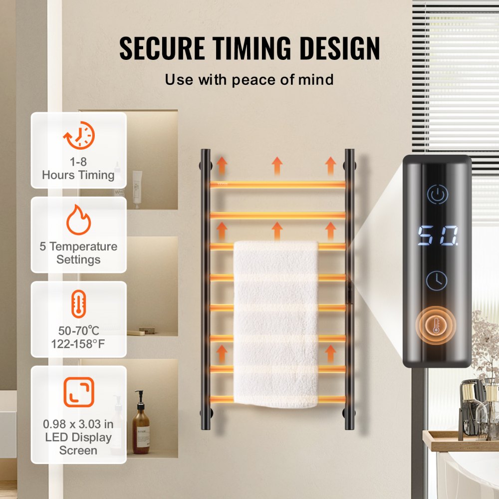 VEVOR 8 Bars Towel Warmer Rack Wall Mounted Heated Towel Rack for Bathroom Black