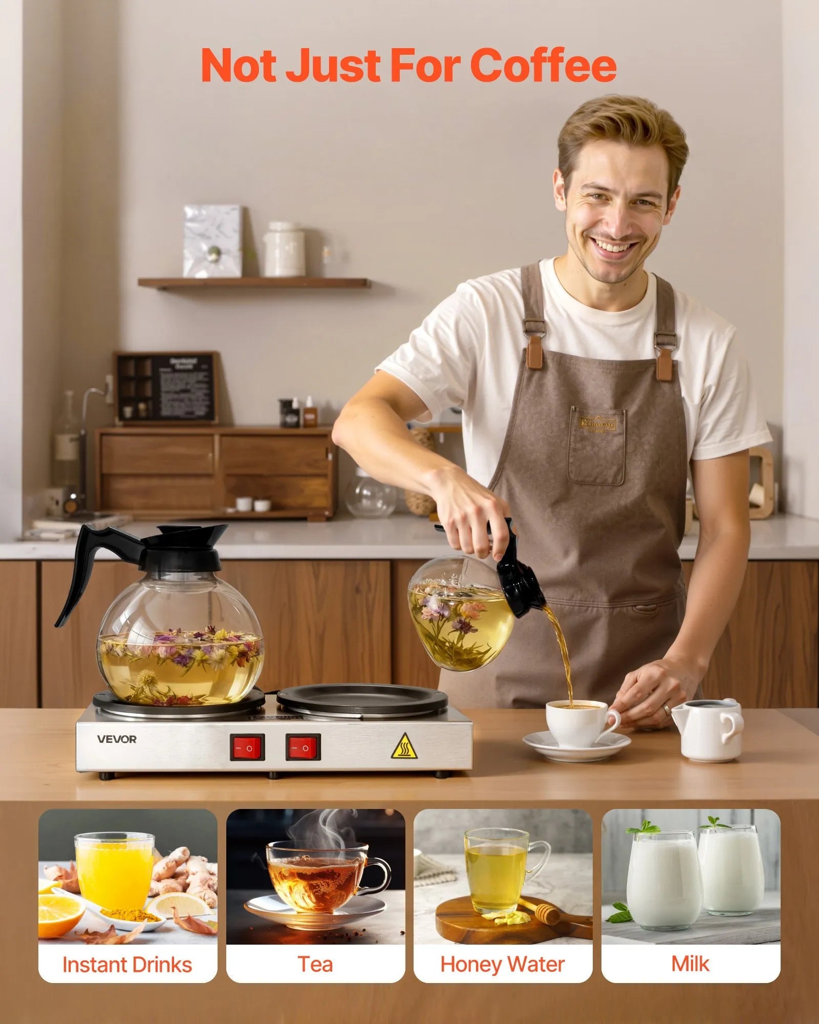 VEVOR Commercial Coffee Decanter Warm Plate, 80W x 2 Coffee-Carafe Warmer, Dual Warming Plates with Independent Control, Fits 1.8L Standard Glass Decanter, for Coffee Shop, Home, Office & Restaurant