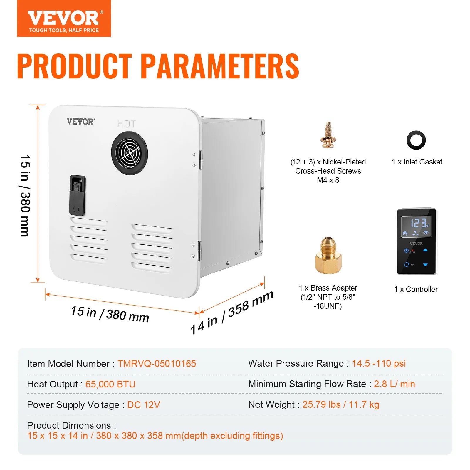 VEVOR RV Tankless Water Heater 15x15 in Propane Gas 65000BTU with Controller