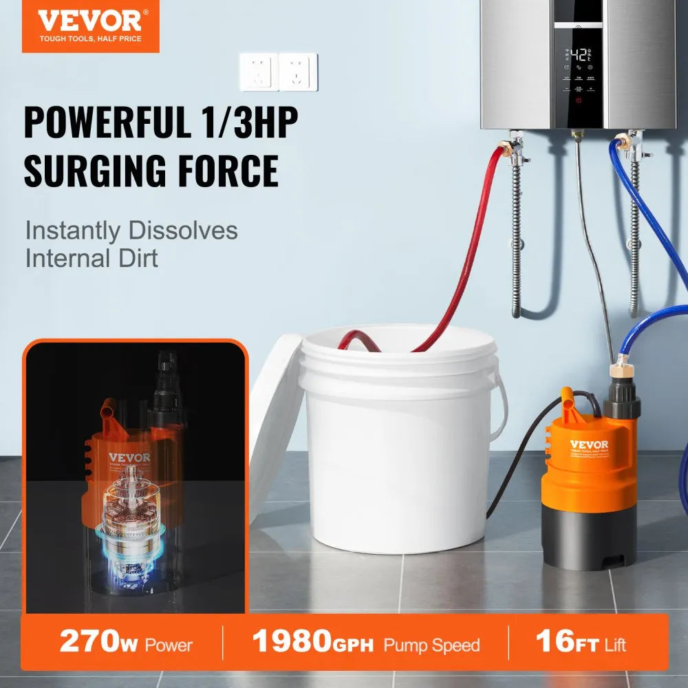 VEVOR Tankless Water Heater Flushing Kit, Includes Efficient Pump & 3.7 Gallon Pail & 2 Hoses, Wrench and Adapter for Quick Install, Easy to Start Water Heater Flush Descale Kit Anti-corrosion