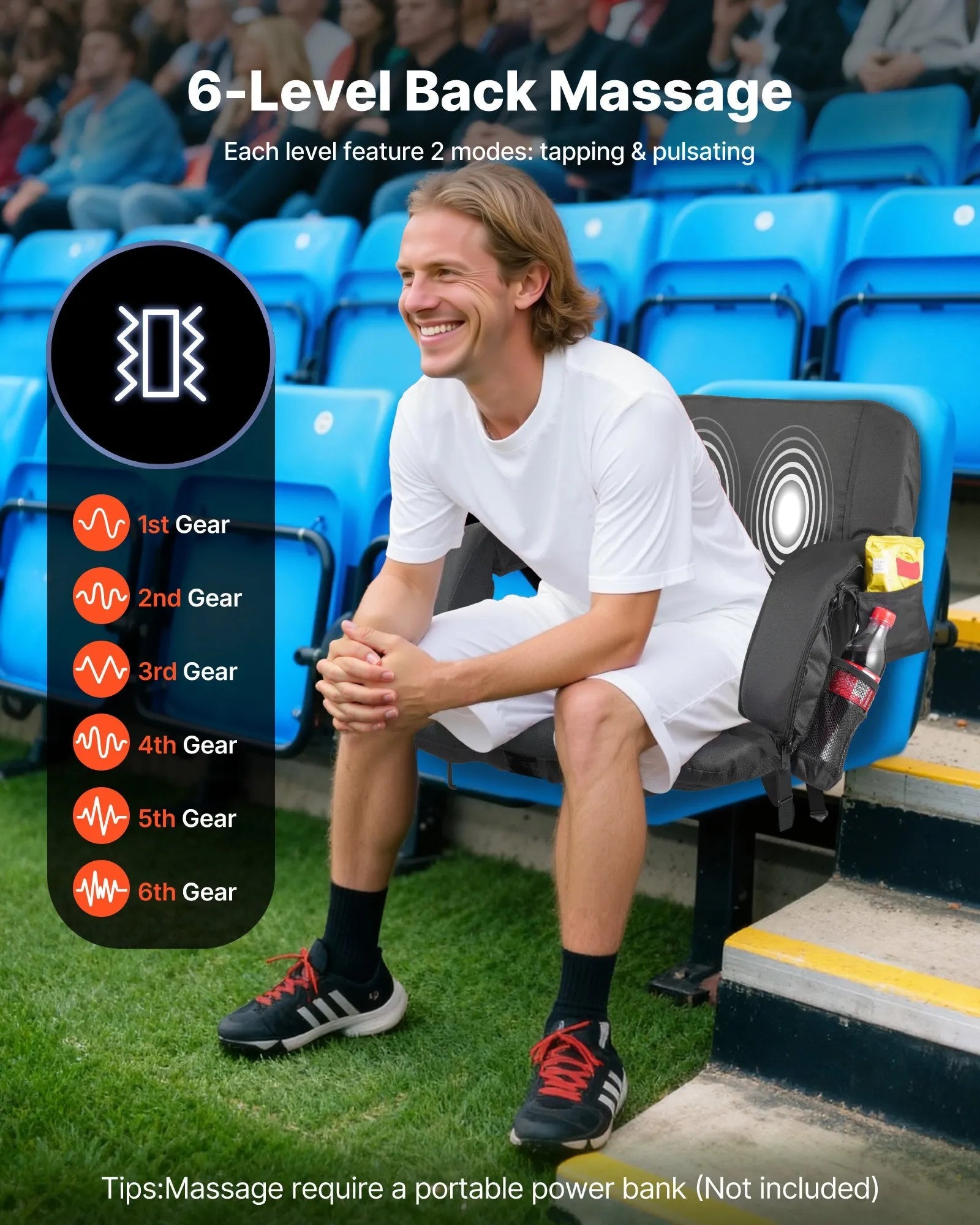 VEVOR Stadium Seat, 25 inch Heated Stadium Chair, Bleacher Seat Heated with 4 Pockets for Bleachers, 3 Level Heating & 6 Modes Vibration Portable Heating Stadiums Chair for Camping, Sports Events