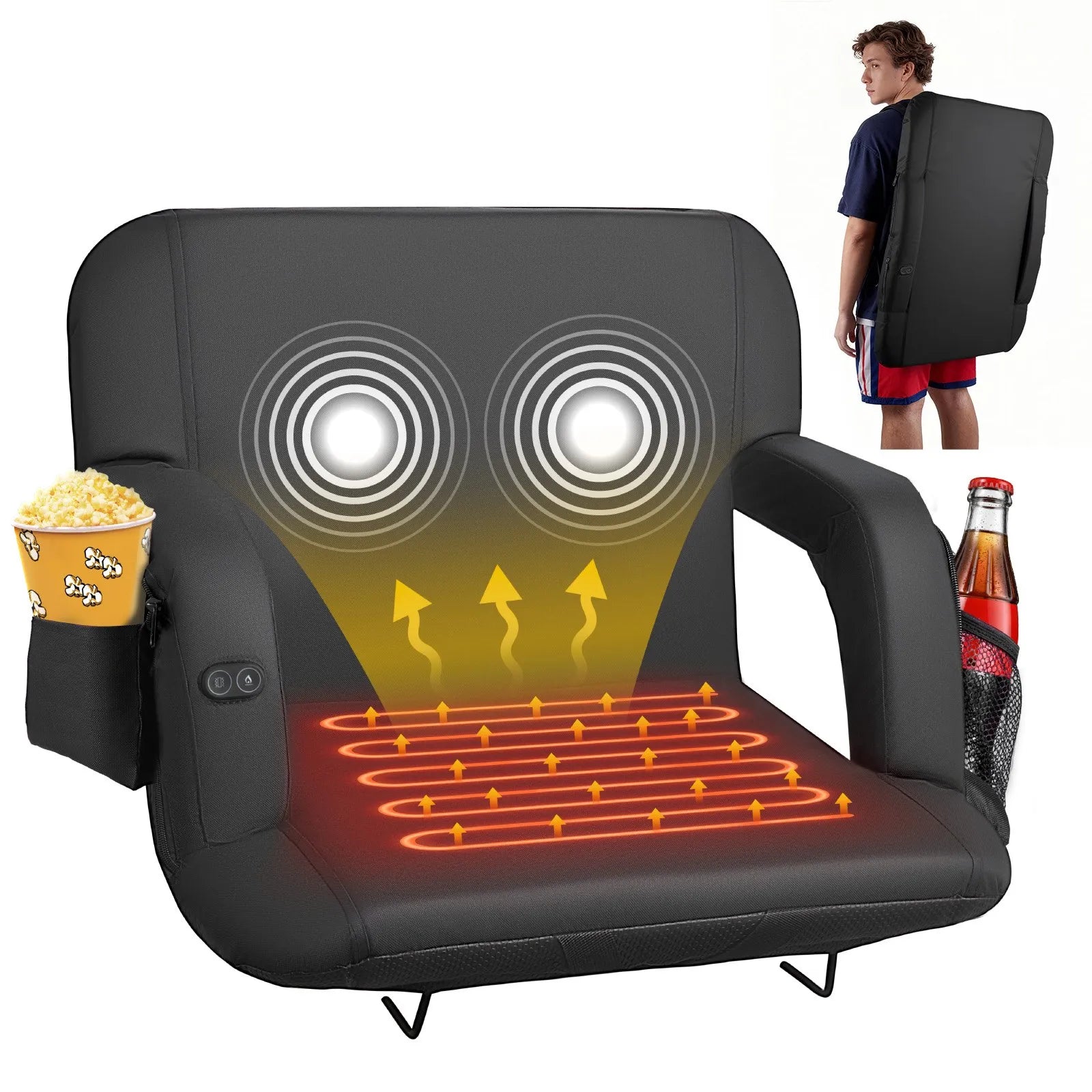 VEVOR Stadium Seat, 25 inch Heated Stadium Chair, Bleacher Seat Heated with 4 Pockets for Bleachers, 3 Level Heating & 6 Modes Vibration Portable Heating Stadiums Chair for Camping, Sports Events