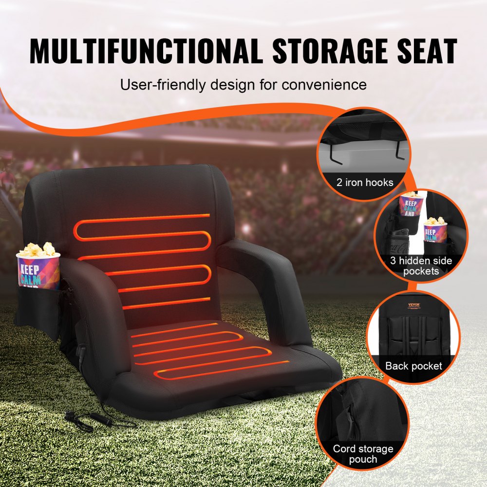 VEVOR Double Heated Stadium Seat with Back Support, 3 Level Heating Wide Bleacher Seat, Folding Portable Padded Reclining Chair with Hook Pocket Cupholder, Ideal for Sport Event Beach Camping Concert