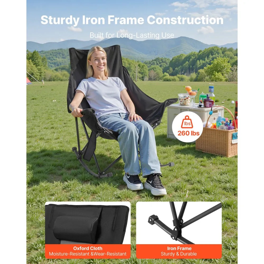 Heated Camping Rocking Chair with Dual-Zone Heating, 3 Heat Settings, Folding Outdoor Chair with Cup Holder & Storage Pocket, Supports 225 lbs