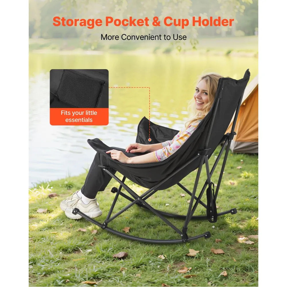 Heated Camping Rocking Chair with Dual-Zone Heating, 3 Heat Settings, Folding Outdoor Chair with Cup Holder & Storage Pocket, Supports 225 lbs