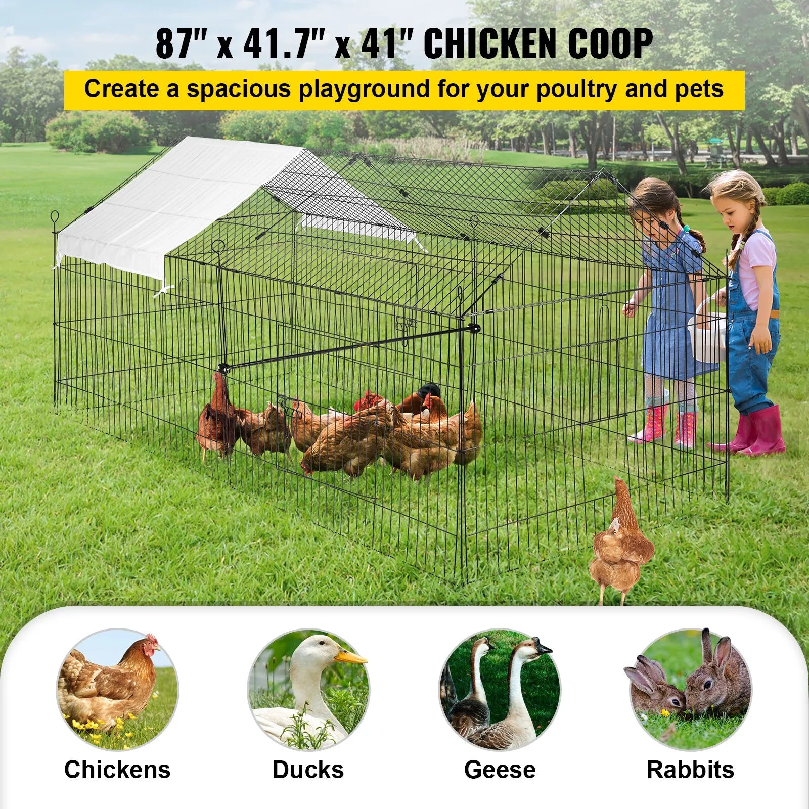 VEVOR Chicken Coop, 87" x 41.7" x 41", Rabbit Run Enclosure Pen with Waterproof and Sun-proof Cover for Outdoor, Indoor, Backyard, and Farm, Metal Pet Playpen Cage for Small Animals, Duck, Hen