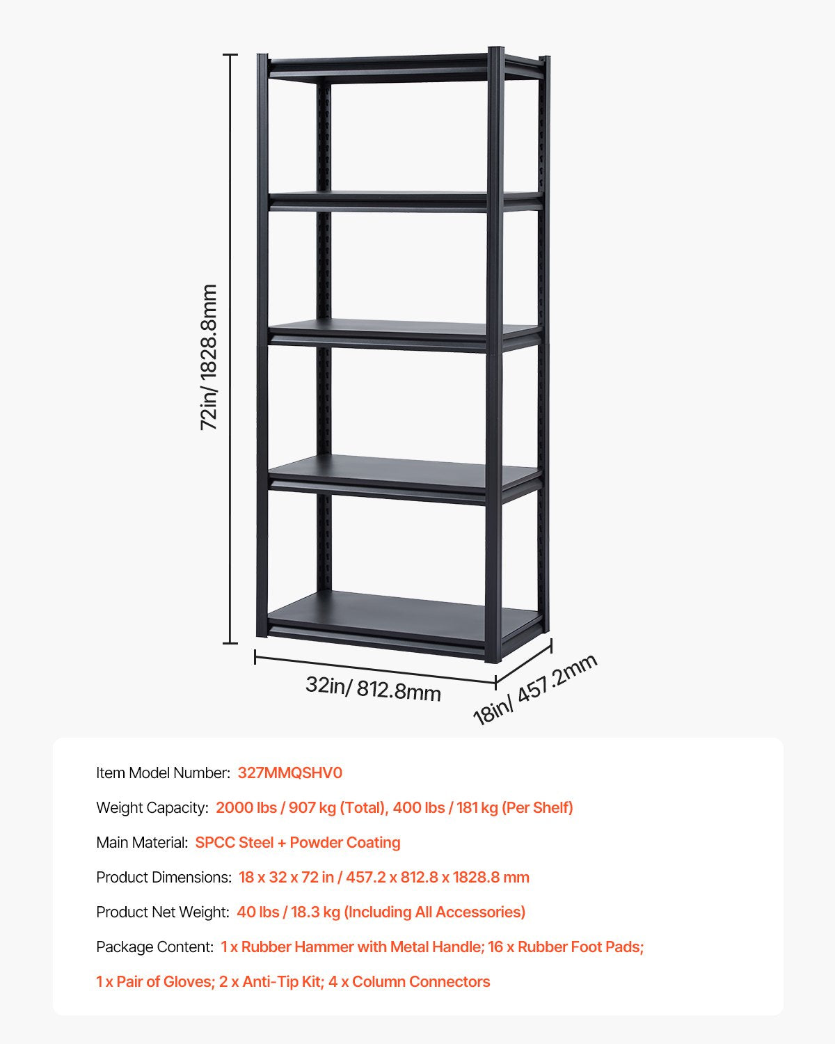 VEVOR Storage Shelves 18" D x 32" W x 72" H 5-tier Garage Storage Shelving
