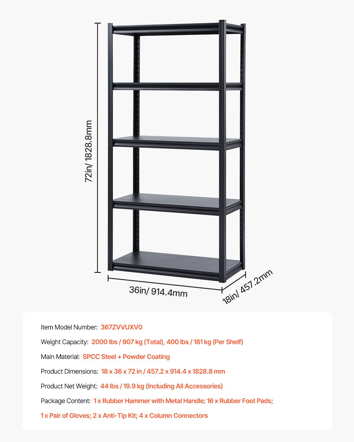 VEVOR Storage Shelves 18" D x 36" W x 72" H 5-tier Garage Storage Shelving