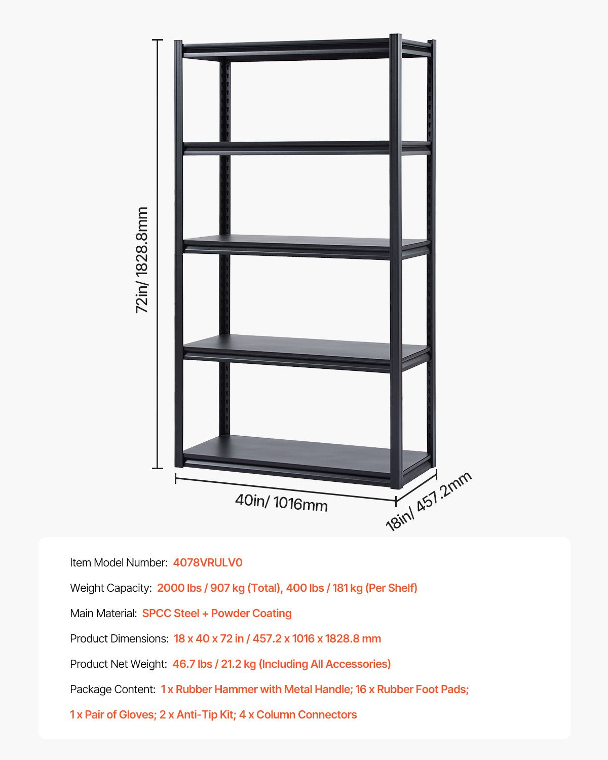 VEVOR Storage Shelves 18" D x 40" W x 72" H 5-tier Garage Storage Shelving