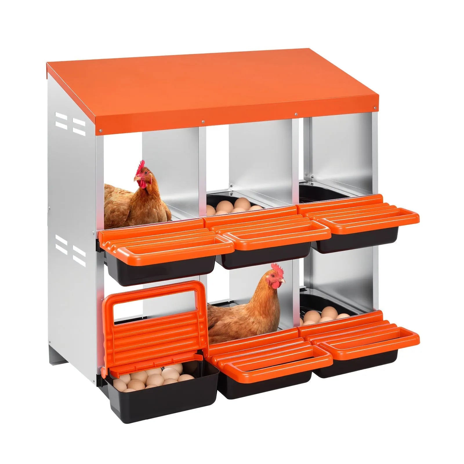 VEVOR 2 Tiers Chicken Nesting Boxes, 6 Compartments, Metal Egg Laying Boxes with Protective Collection Lids, Roll Out Nesting Box, Easy to Assemble, Ideal for Hens, Ducks, Chickens, and Other Poultry