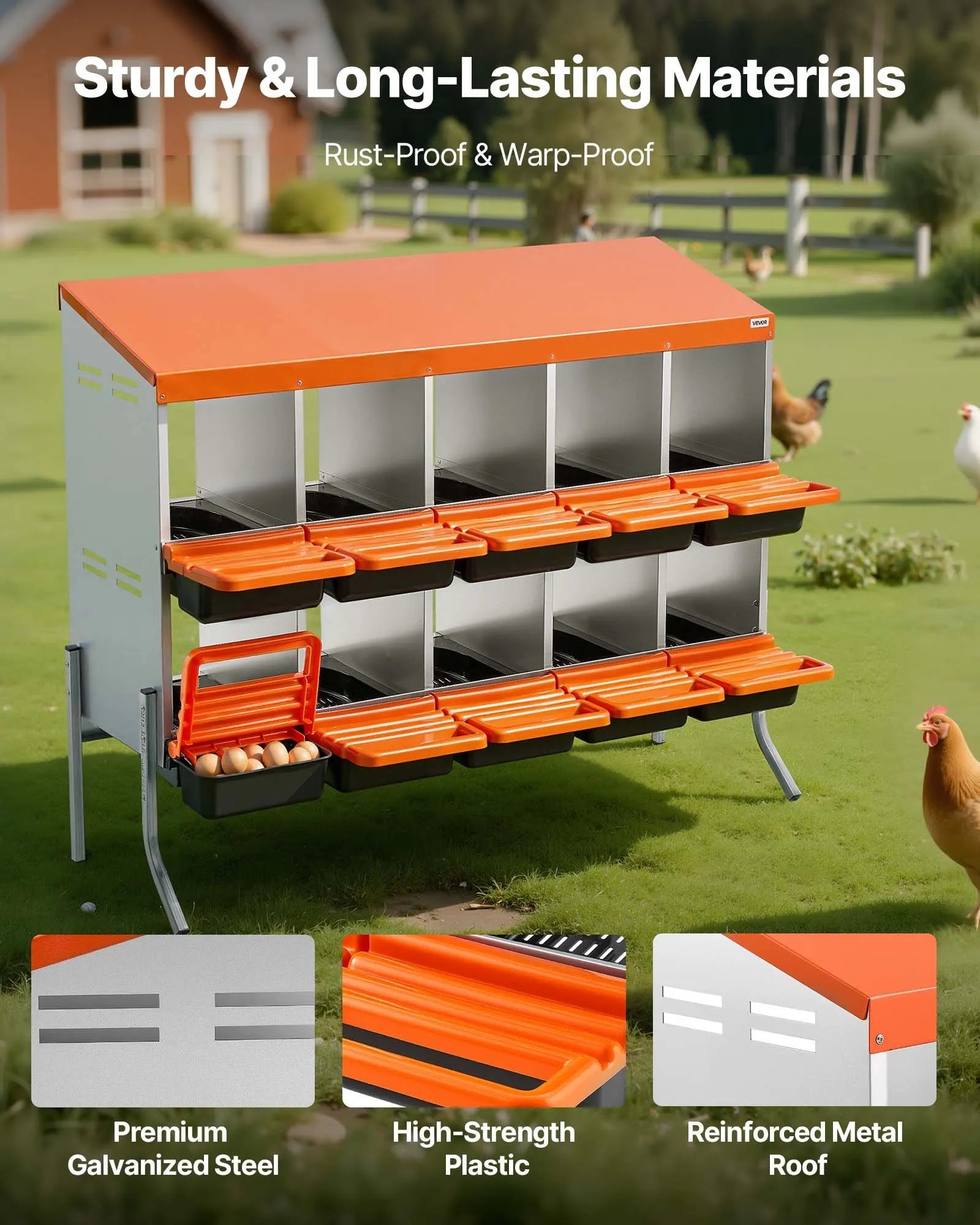 VEVOR Chicken Nesting Boxes, 10 Compartments, with Support Legs, Easy Egg Collection, Galvanized Steel and High-Strength Plastic, Roll Away Nesting Boxes for Chickens and Hens Laying Eggs, Orange