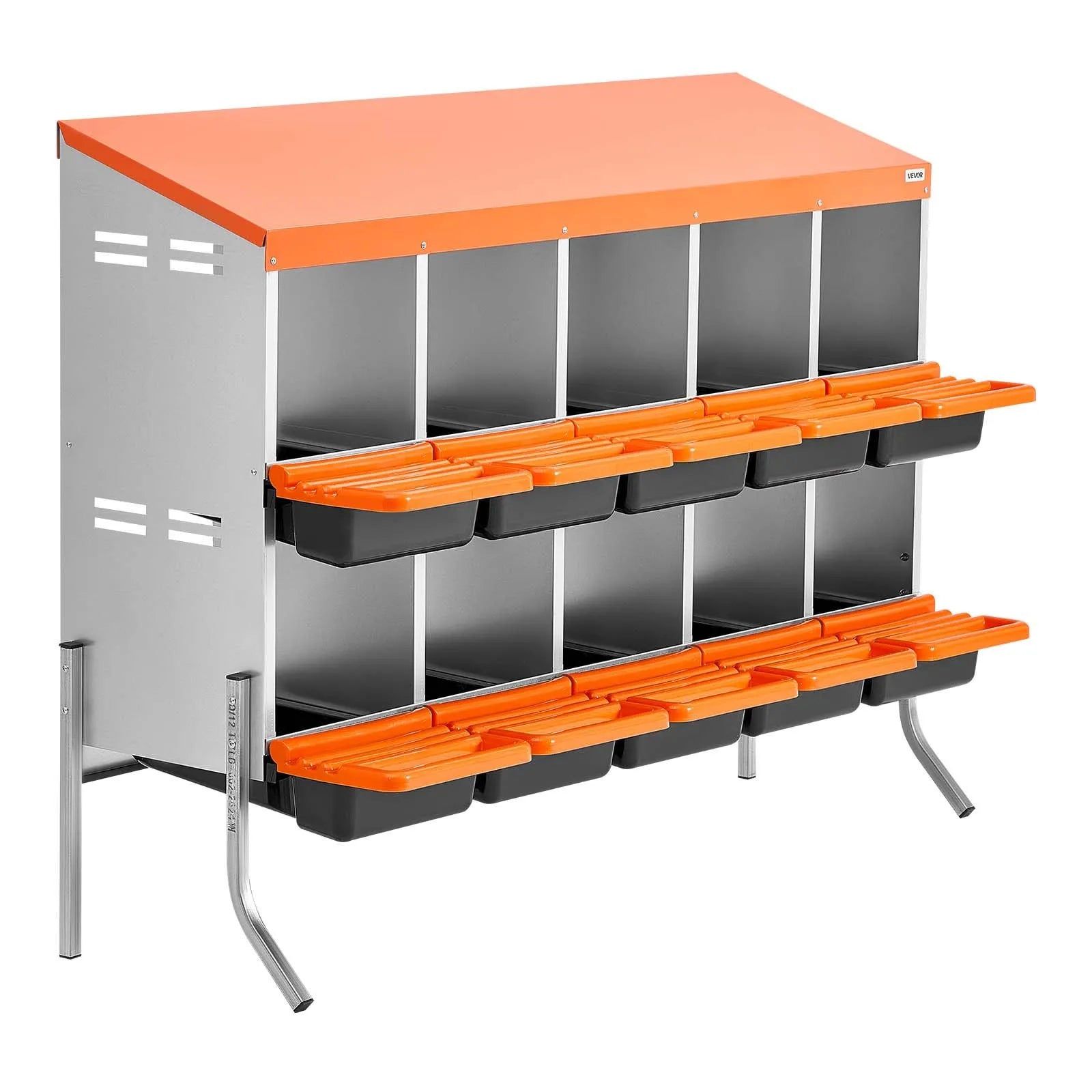 VEVOR Chicken Nesting Boxes, 10 Compartments, with Support Legs, Easy Egg Collection, Galvanized Steel and High-Strength Plastic, Roll Away Nesting Boxes for Chickens and Hens Laying Eggs, Orange