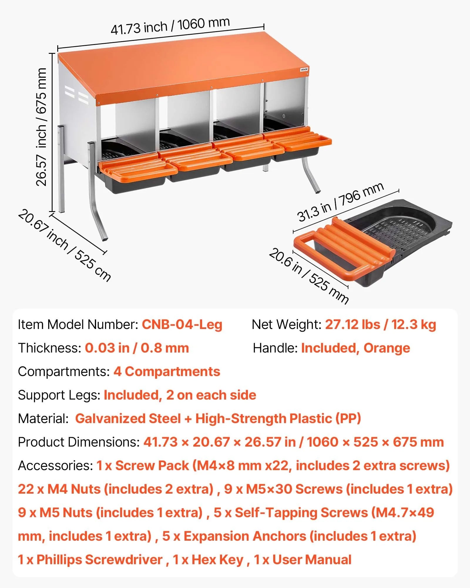VEVOR Chicken Nesting Boxes, 4 Compartments, with Support Legs, Easy Egg Collection, Galvanized Steel and High-Strength Plastic, Roll Away Nesting Boxes for Chickens and Hens Laying Eggs, Orange