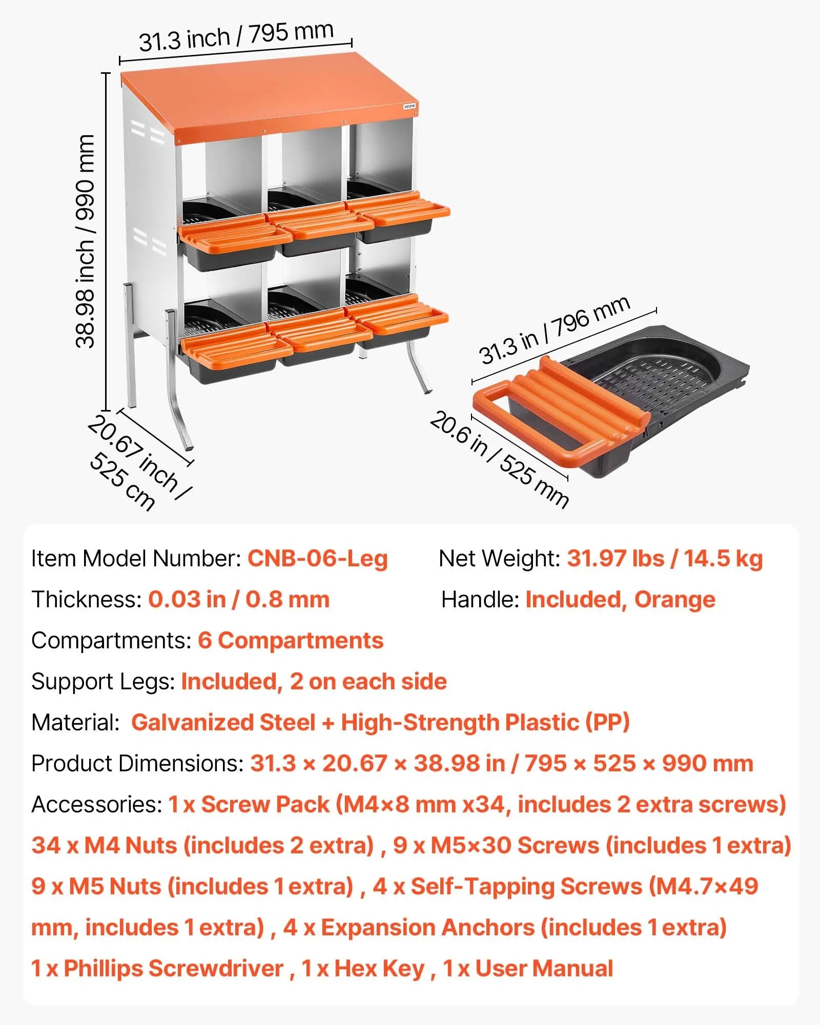 VEVOR Chicken Nesting Boxes, 6 Compartments, with Support Legs, Easy Egg Collection, Galvanized Steel and High-Strength Plastic, Roll Away Nesting Boxes for Chickens and Hens Laying Eggs, Orange