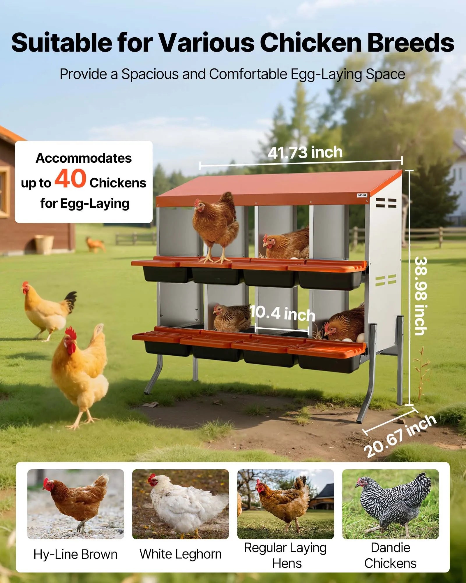 VEVOR Chicken Nesting Boxes, 8 Compartments, with Support Legs, Easy Egg Collection, Galvanized Steel and High-Strength Plastic, Roll Away Nesting Boxes for Chickens and Hens Laying Eggs, Orange