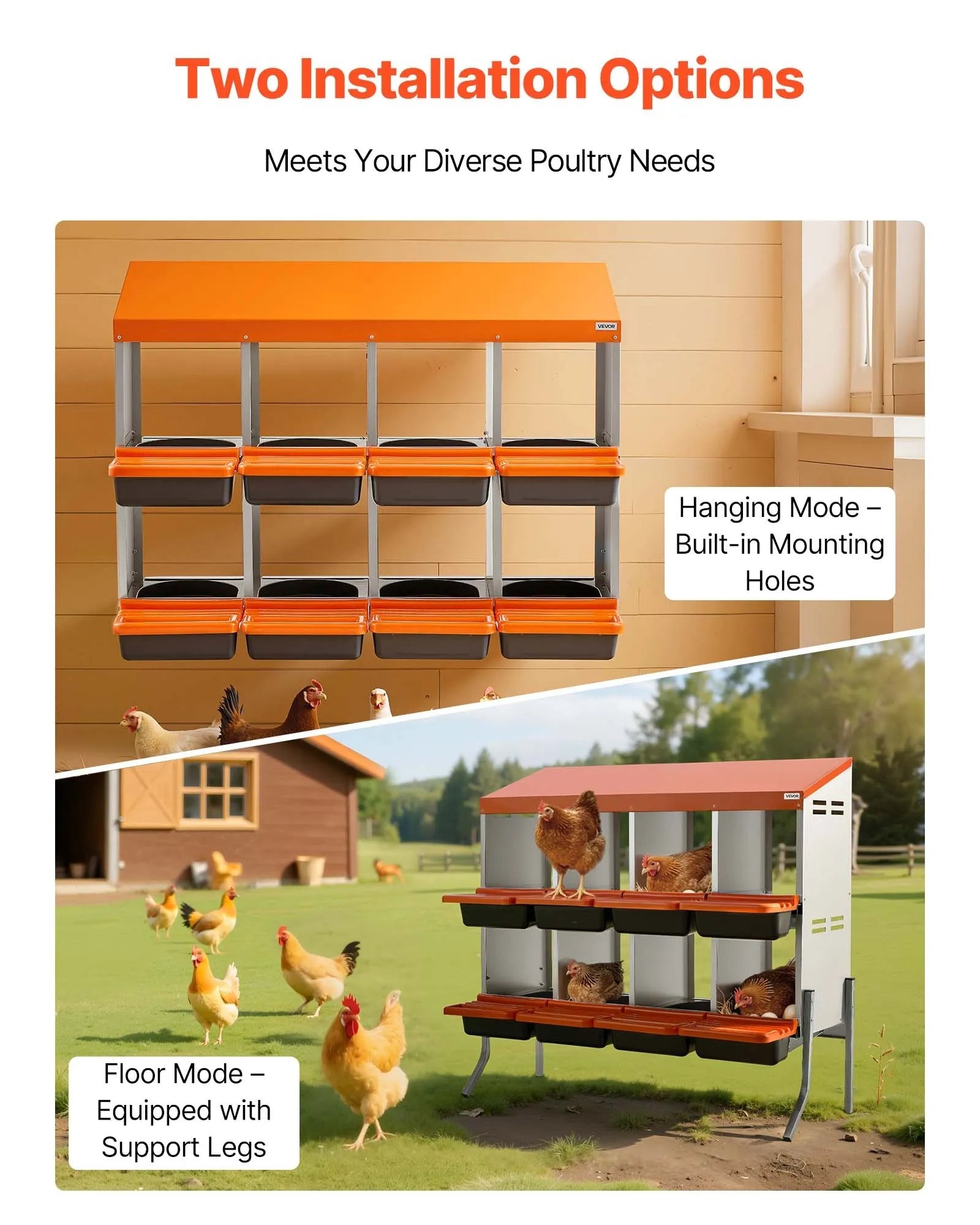 VEVOR Chicken Nesting Boxes, 8 Compartments, with Support Legs, Easy Egg Collection, Galvanized Steel and High-Strength Plastic, Roll Away Nesting Boxes for Chickens and Hens Laying Eggs, Orange